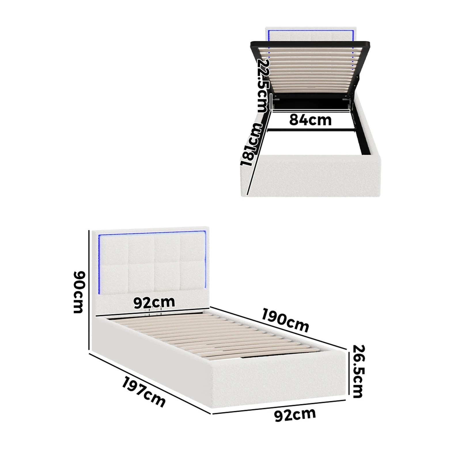 2 Oikiture Bed Frame Single Size RGB LED Gas Lift Storage Base Boucle - White, 2 of 9