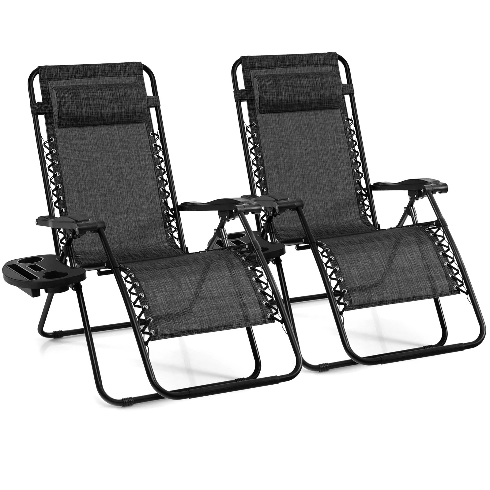 1 Costway 2x Folding Zero Gravity Chair Patio Sun Lounge Recliner w/Side Tray - Grey, 1 of 1
