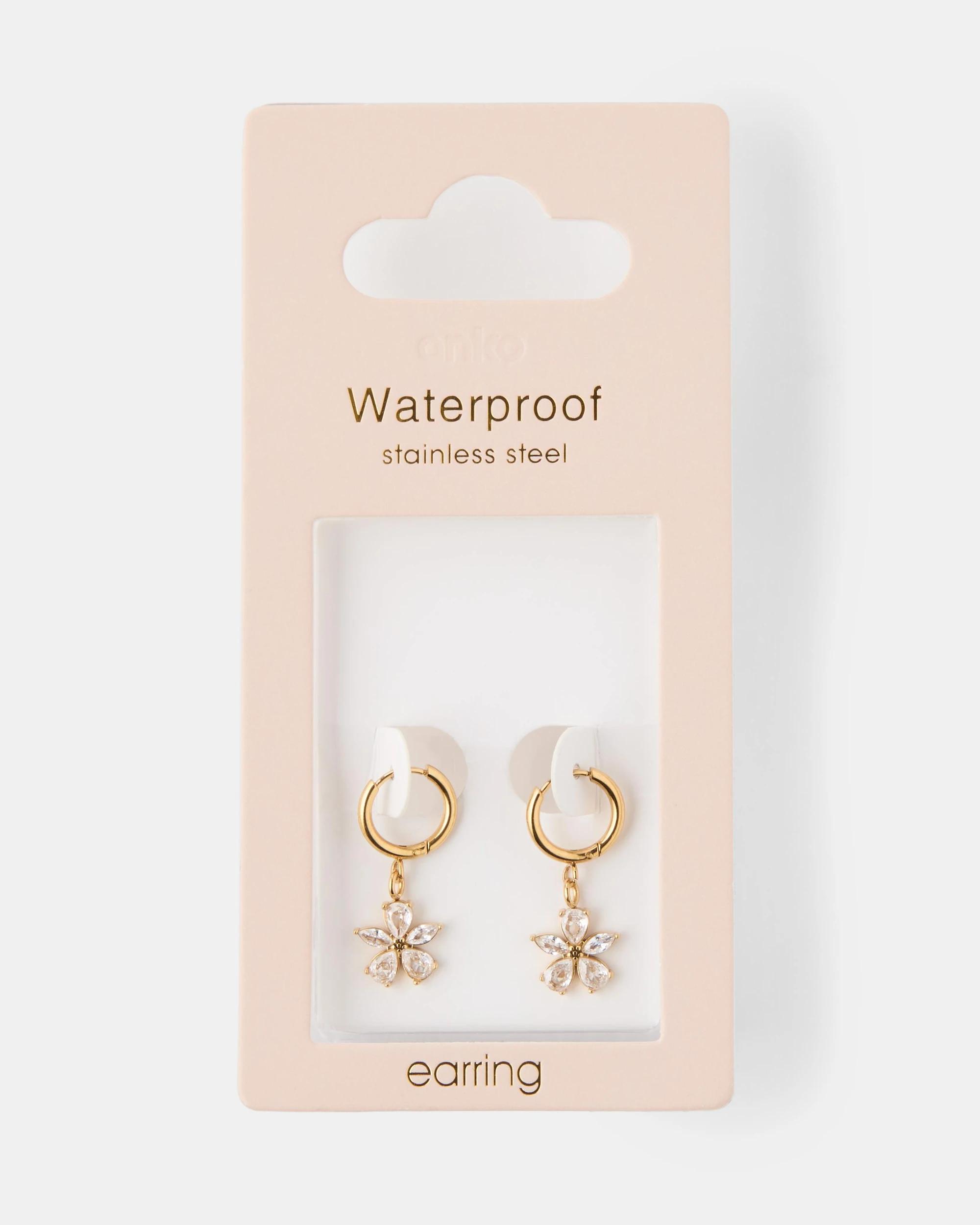 4 Waterproof Stainless Steel Flower Hoop Earrings - Gold Tone Gold, 4 of 4