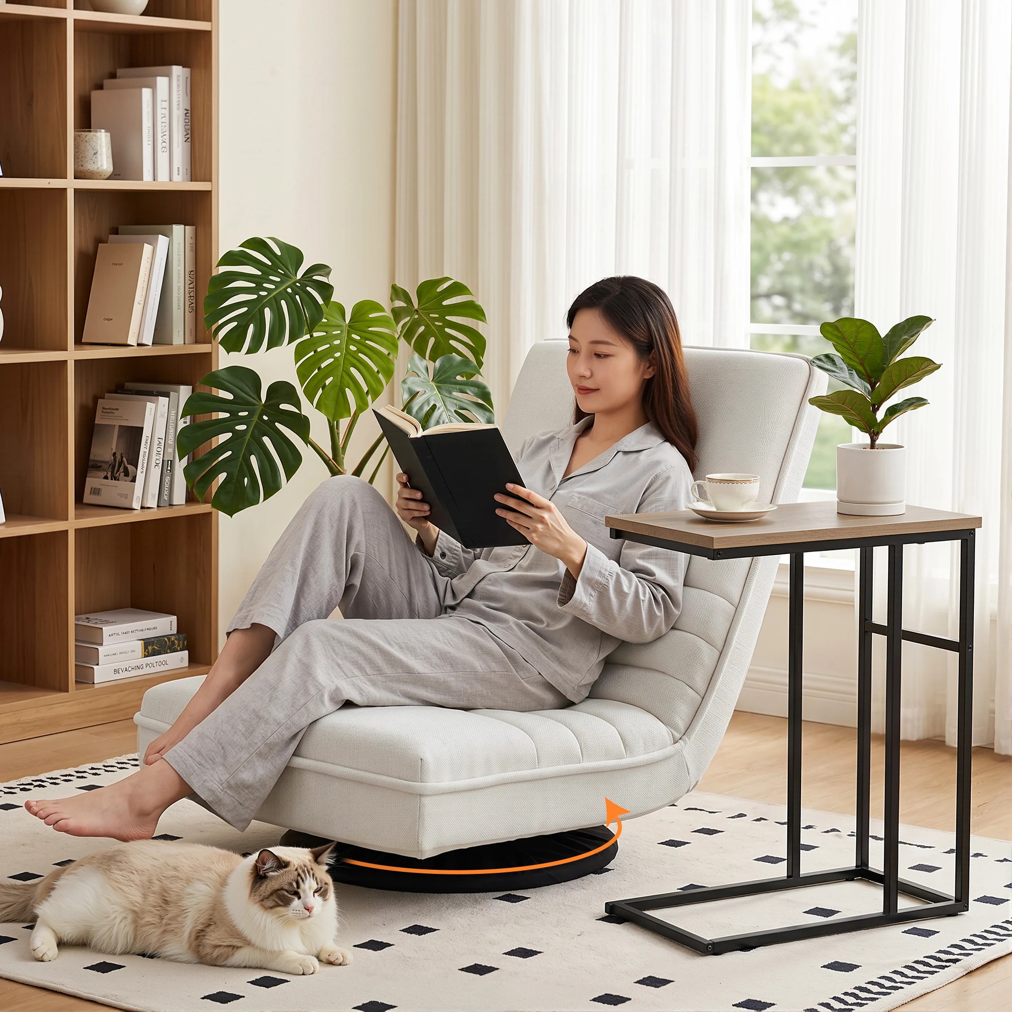 7 Artiss Floor Lounge & Coffee Table Set, Swviel Foldable Linen Sofa Chair, C-Shaped Side Table - Multi, 7 of 7