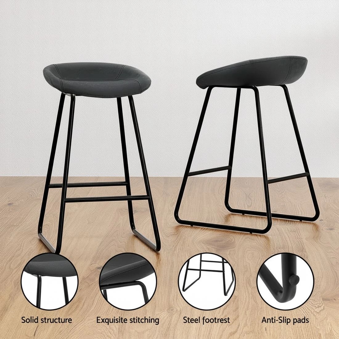 5 Artiss 2x Bar Stools Kitchen Dining Chairs Counter Stool PU Leather Metal - Black, 5 of 6