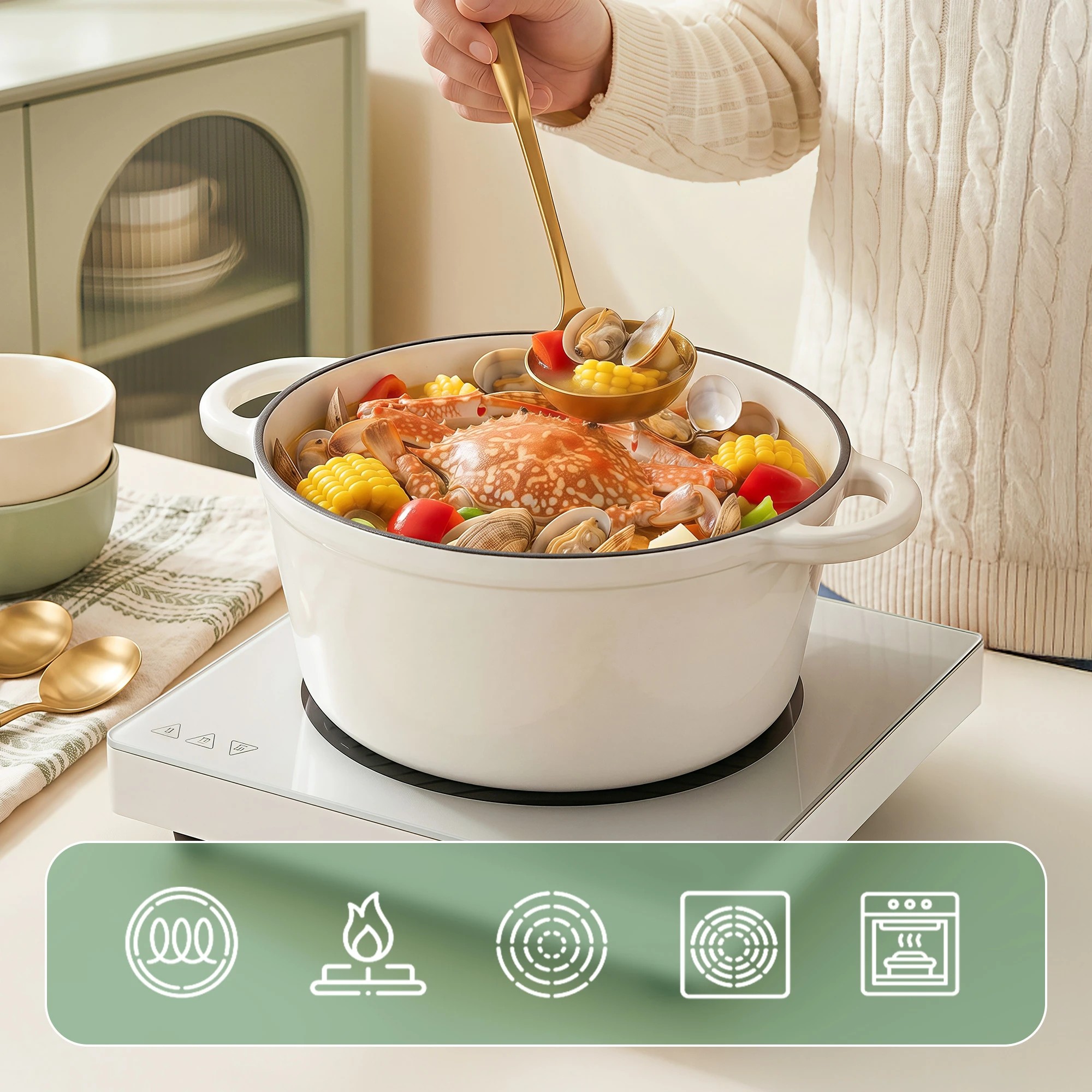5 5-Star Chef 3.8L Enameled Cast Iron Dutch Oven Pot with Lid for Sourdough Bread Baking - White, 5 of 9