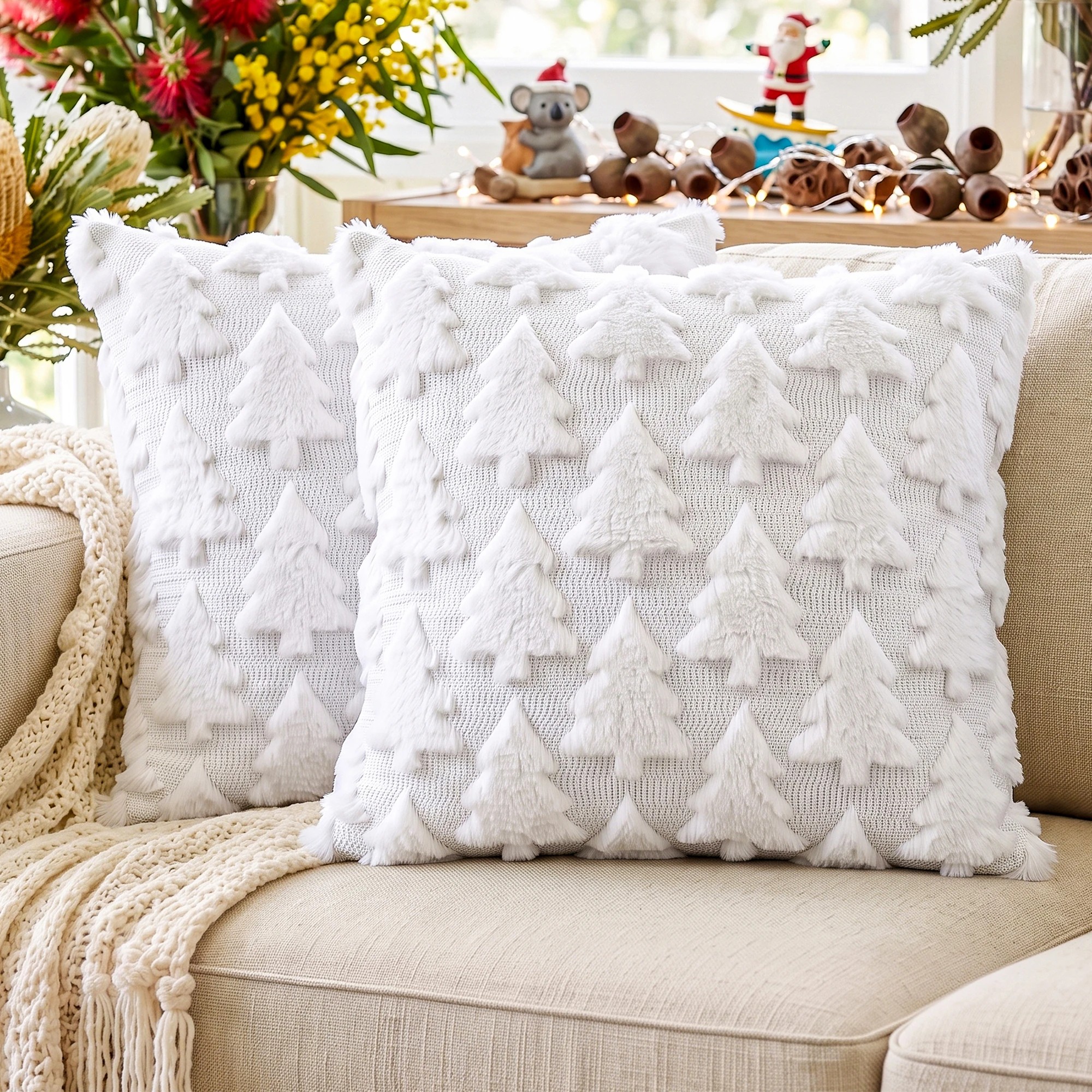 2 Jingle Jollys Christmas Tree Pillow Covers 2 Packs Cushion Covers Soft Faux Fur Jacquard 45 x 45cm White - White, 2 of 8