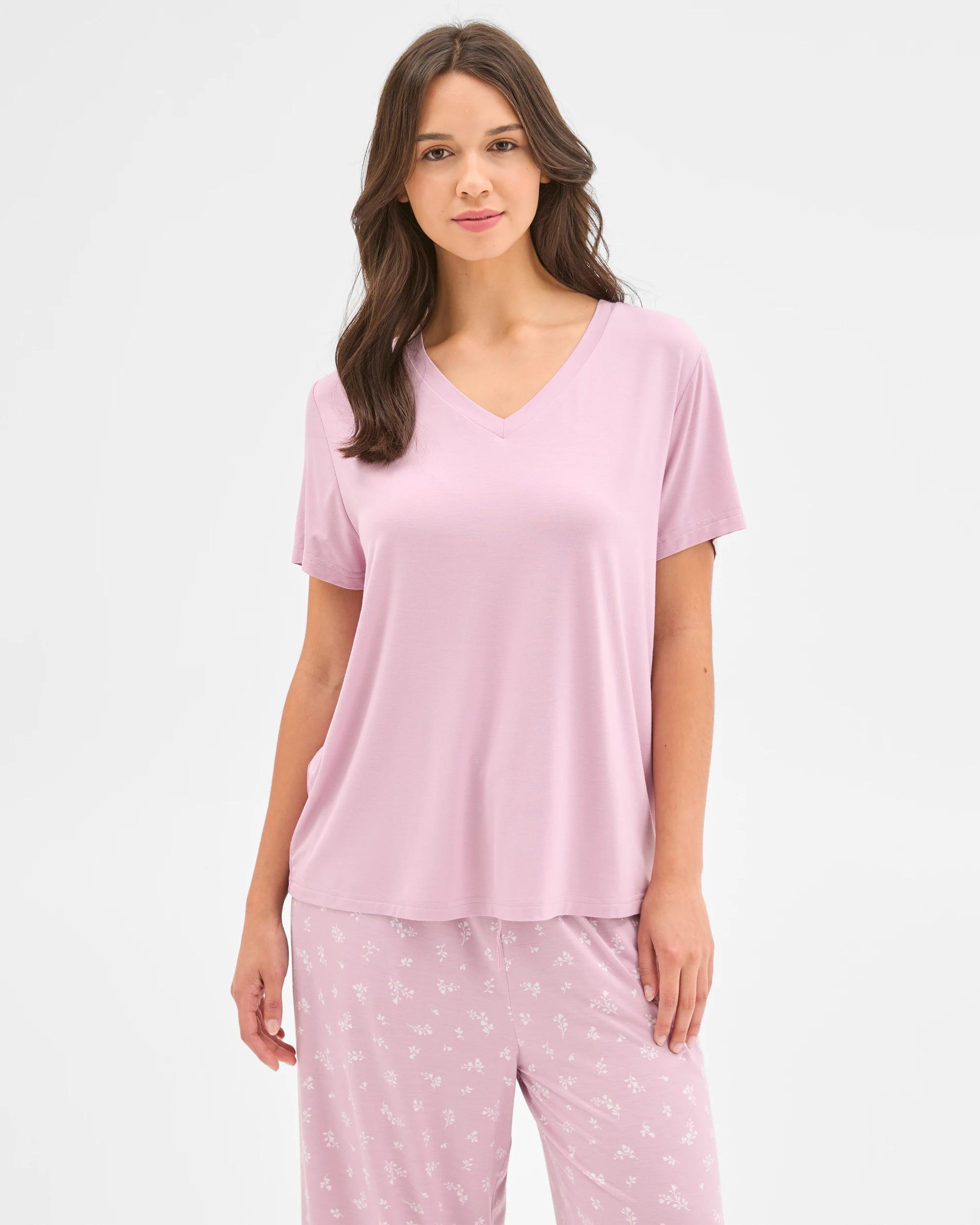 2 Target Woman Soft Comfort Bamboo V-Neck Sleep T-Shirt LACE PINK, 2 of 6