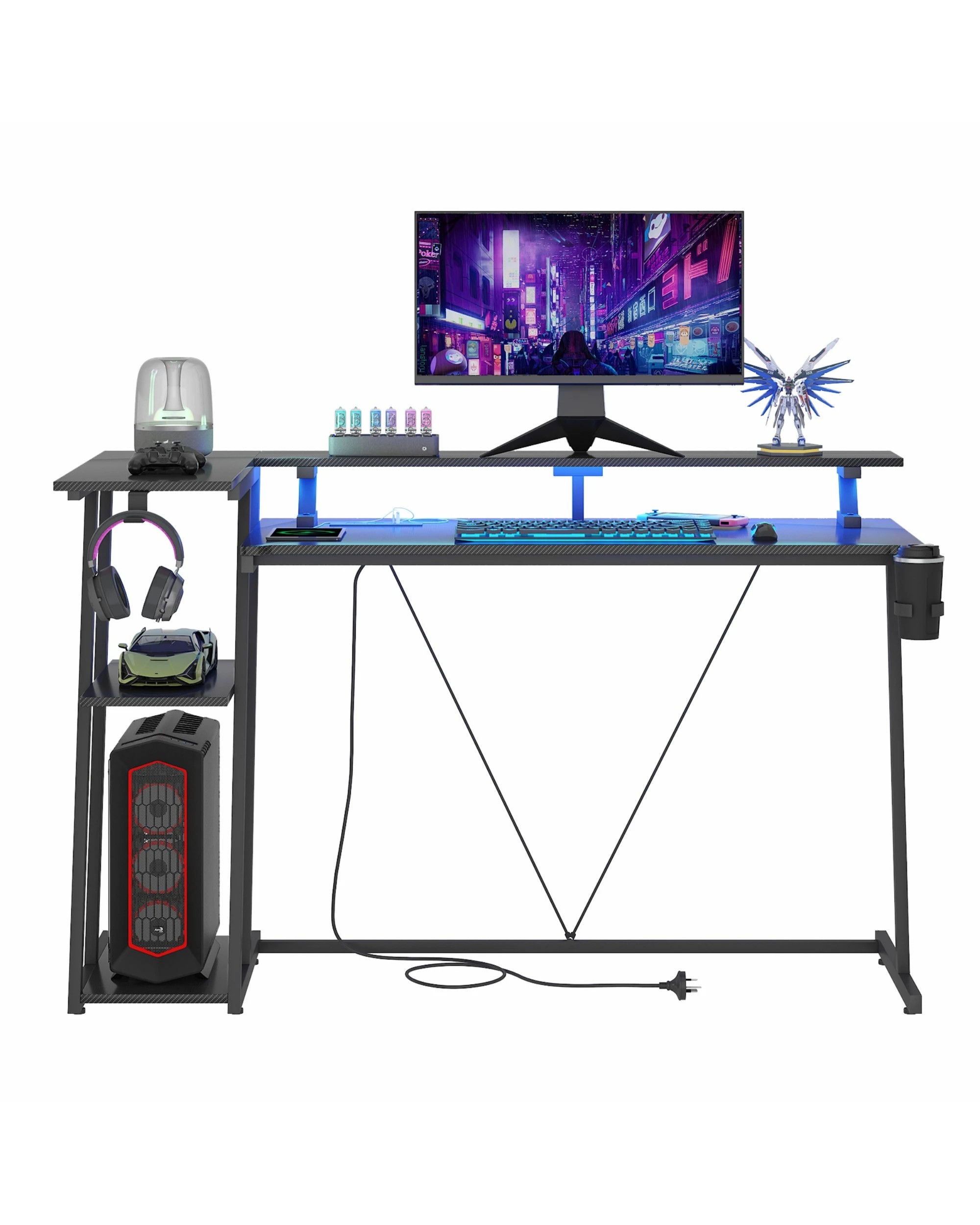 8 Advwin 140cm L Shaped Gaming Desk with LED Lights & Power Outlets Reversible Storage Shelf - Black, 8 of 9