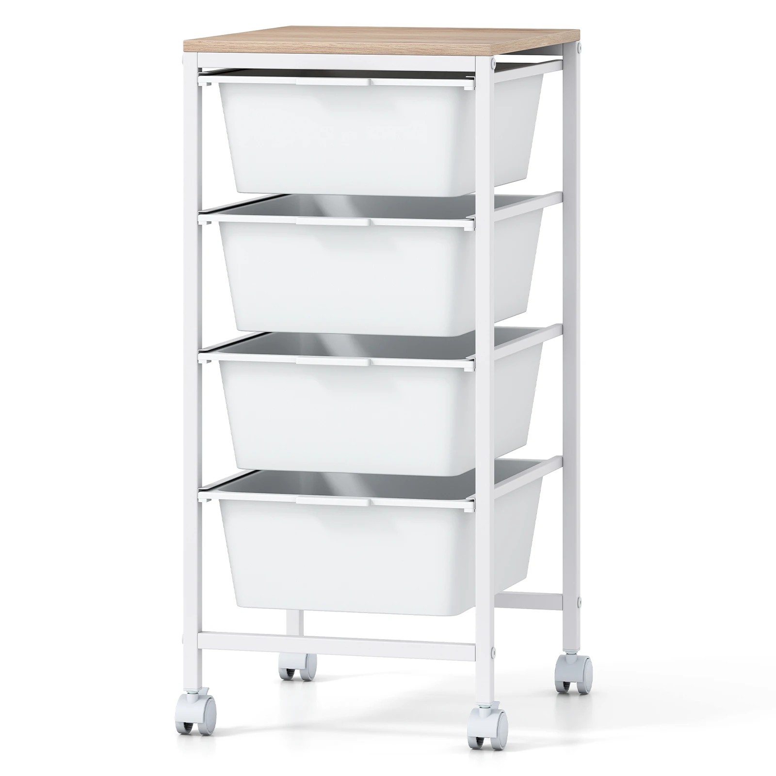 1 Costway 4-Drawer Rolling Storage Cart Mobile Utility Organizer w/Wooden Tabletop - White, 1 of 6
