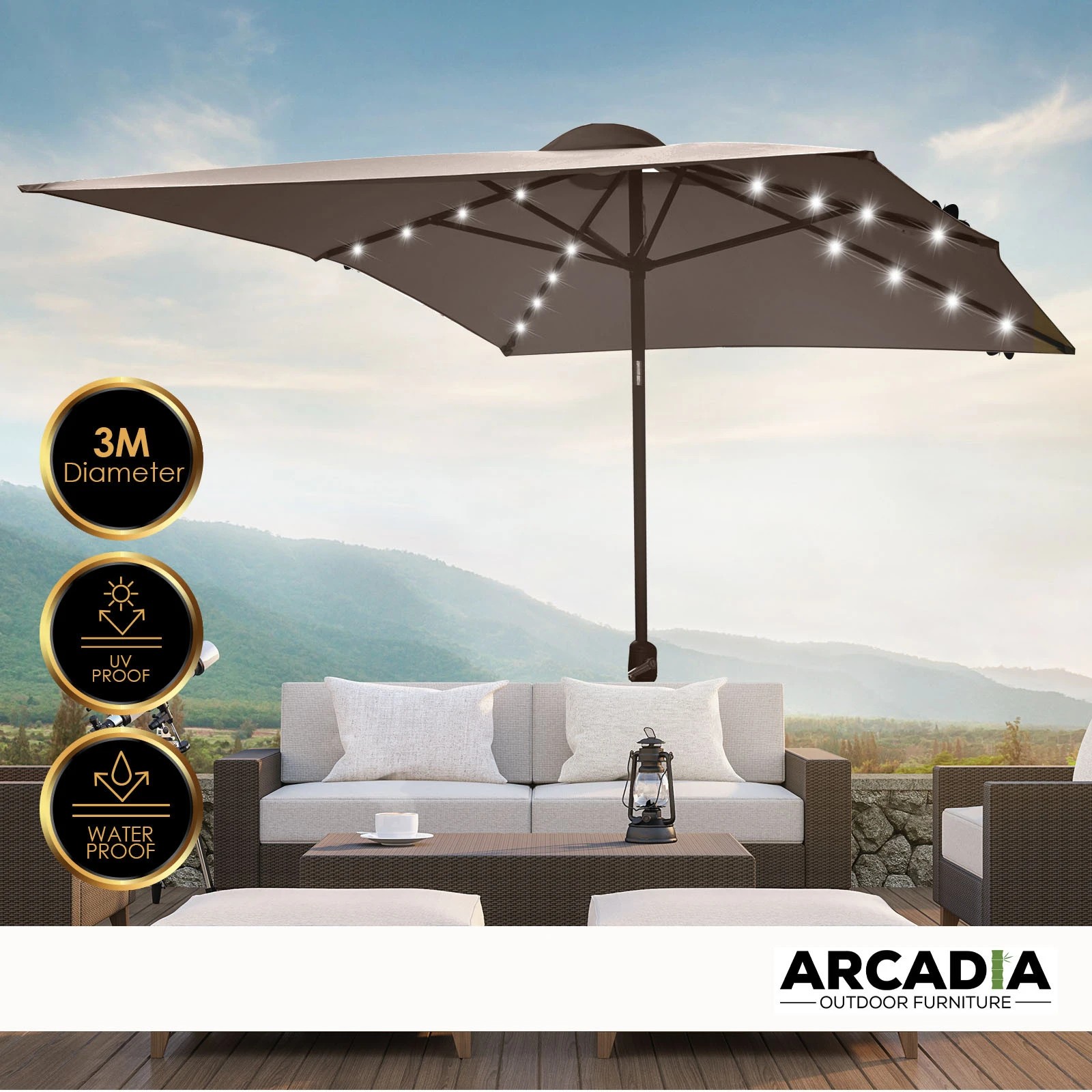 7 Arcadia Furniture Umbrella 3 Metre Umbrella with Solar LED Lights Garden Yard - Charcoal - Charcoal, 7 of 9