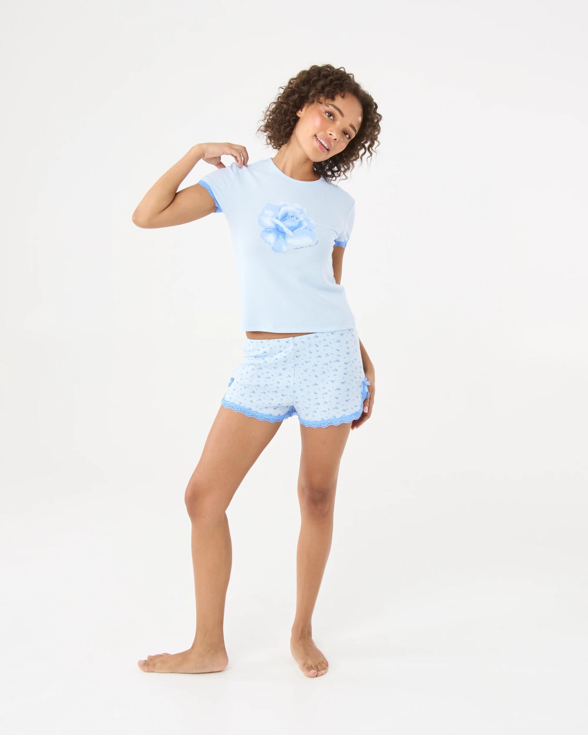 2 Lace Trim Waffle Shorts Blue Rose, 2 of 9