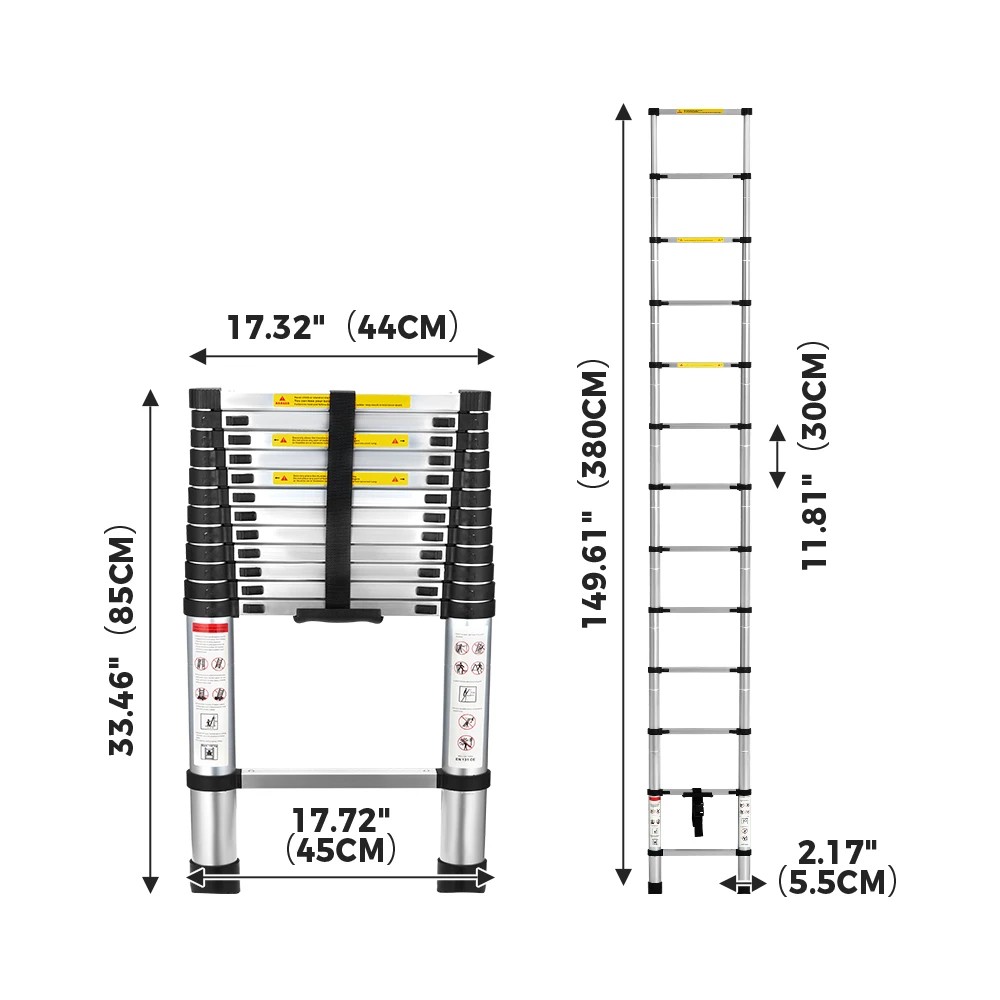 2 ZUNI 3.8M Telescopic Aluminium Ladder 150kg Load Height Locking Extension Step - Multi, 2 of 3