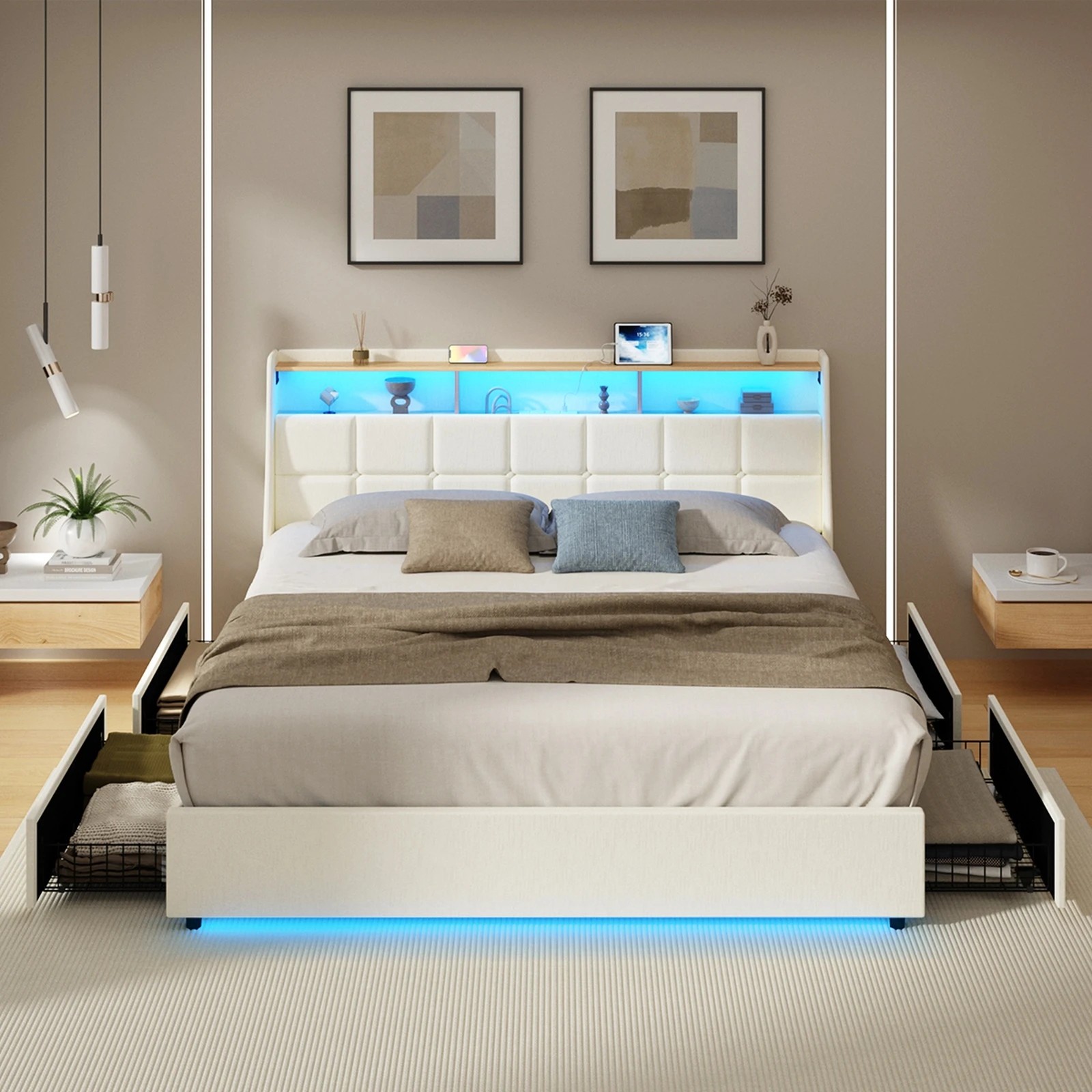 4 Oikiture King Size Bed Frame Headboard RGB Lights with Drawer USB Charge - Beige, 4 of 6