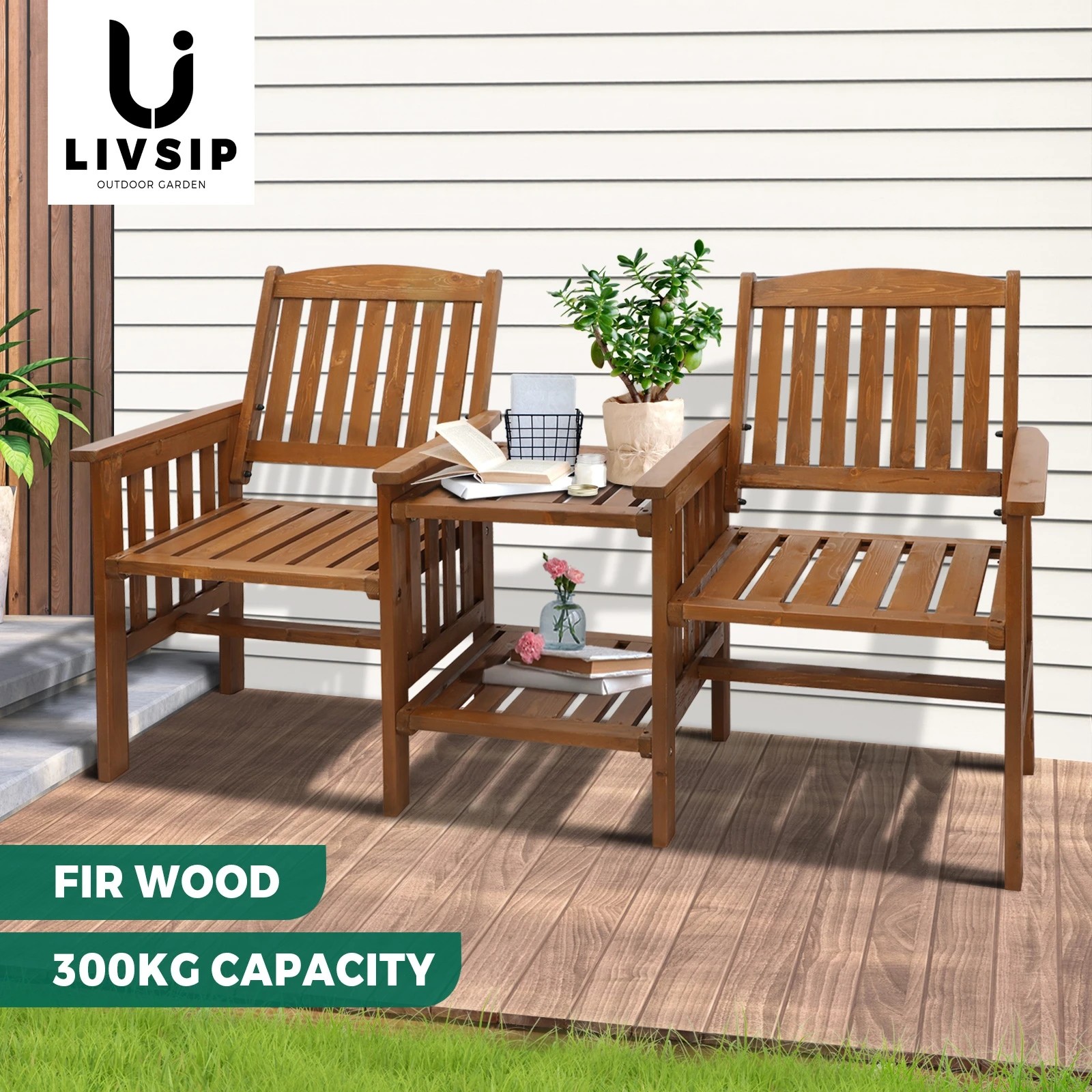 3 Livsip Garden Bench Wooden Outdoor Table & Chair Set - Brown, 3 of 10