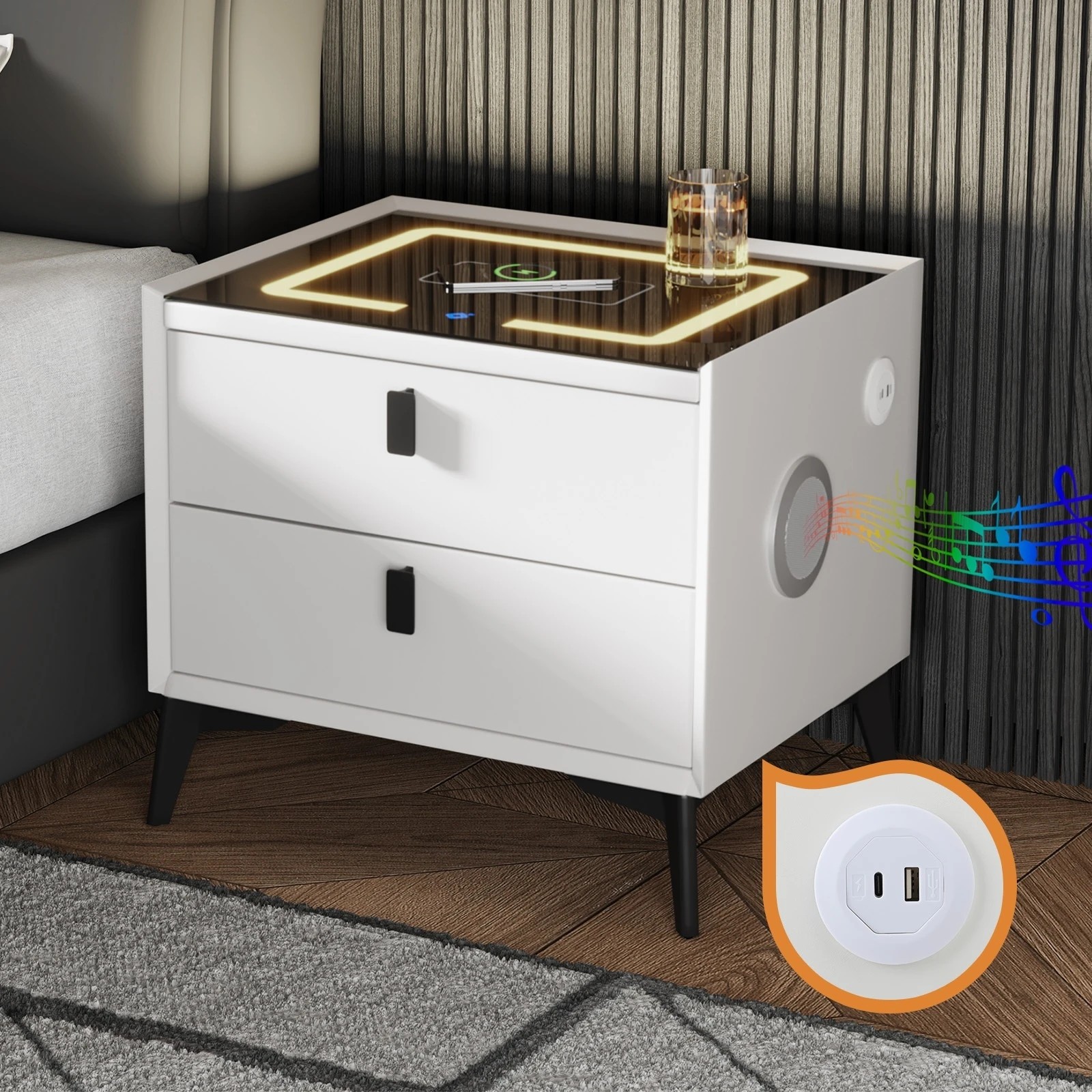 7 Oikiture Set of 2 Smart Bedside Tables LED Wireless Charging Nightstand - White, 7 of 7