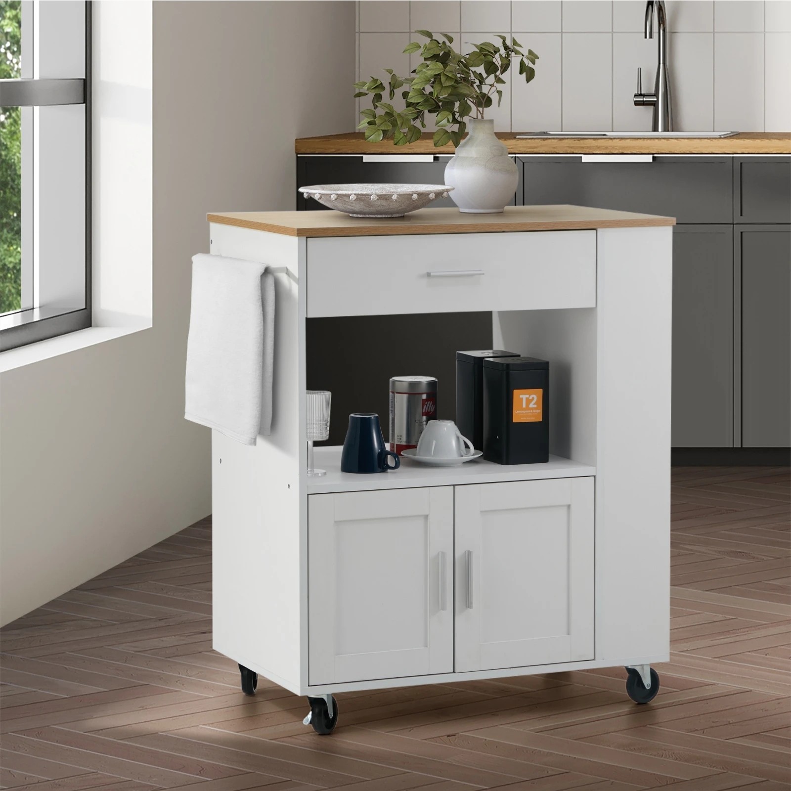 4 Oikiture Kitchen Island Trolley Cart with Drawer & Towel Rack - White, 4 of 10