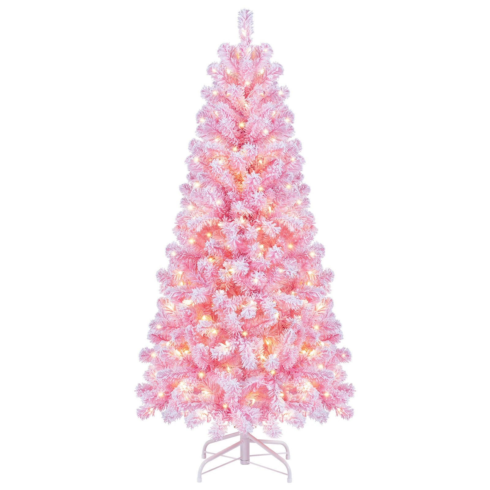 1 Costway 150cm Flocked Fir Christmas Tree Pink Artificial Xmas Tree w/160 LEDs, 1 of 6