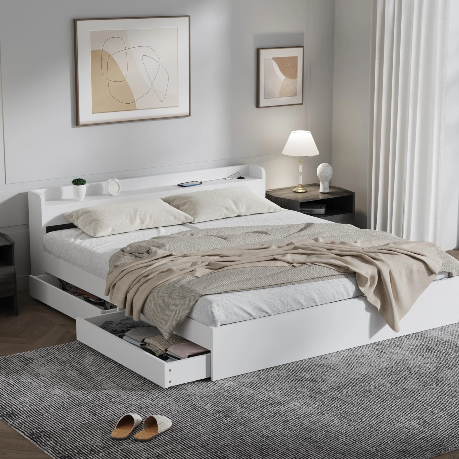 7 Oikiture King Bed With Charging Ports & 2 Drawers Timber Bed Frame
 - White, 7 of 10