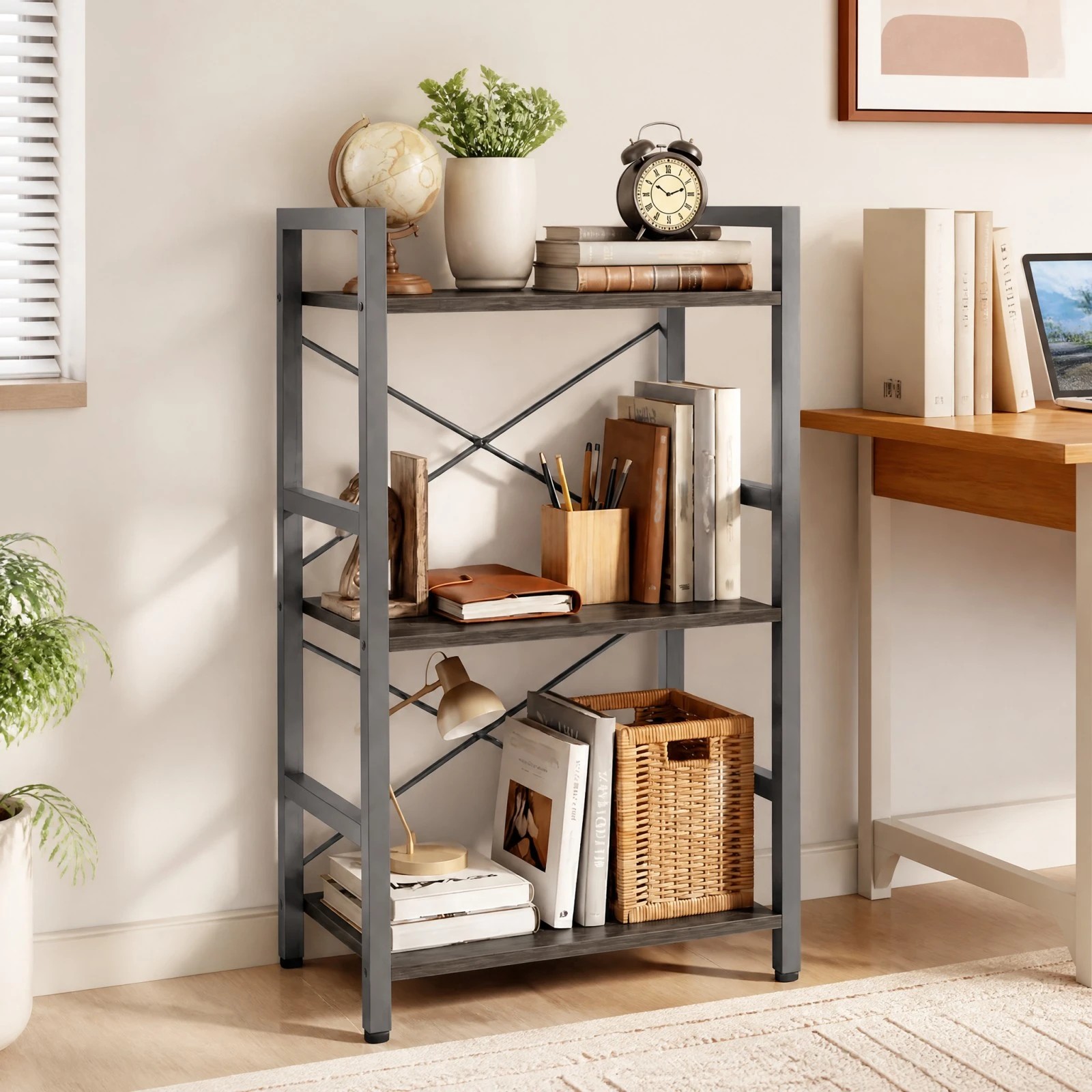 3 Costway 3-Tier Bookshelf Narrow Display Shelf Wooden Storage Racks Metal Bookcase Organiser - Grey, 3 of 6