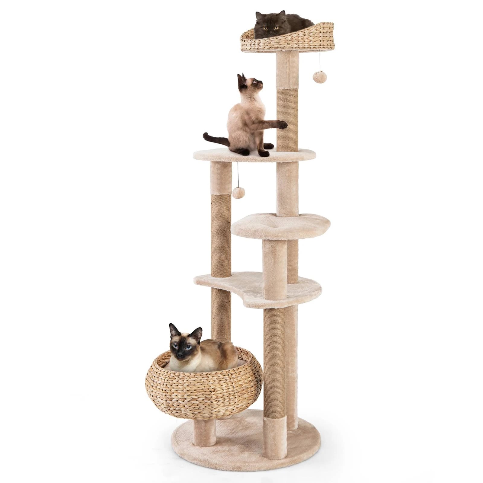 3 Costway 164cm Wooden Cat Scratching Post w/Dangling Balls - Beige, 3 of 3