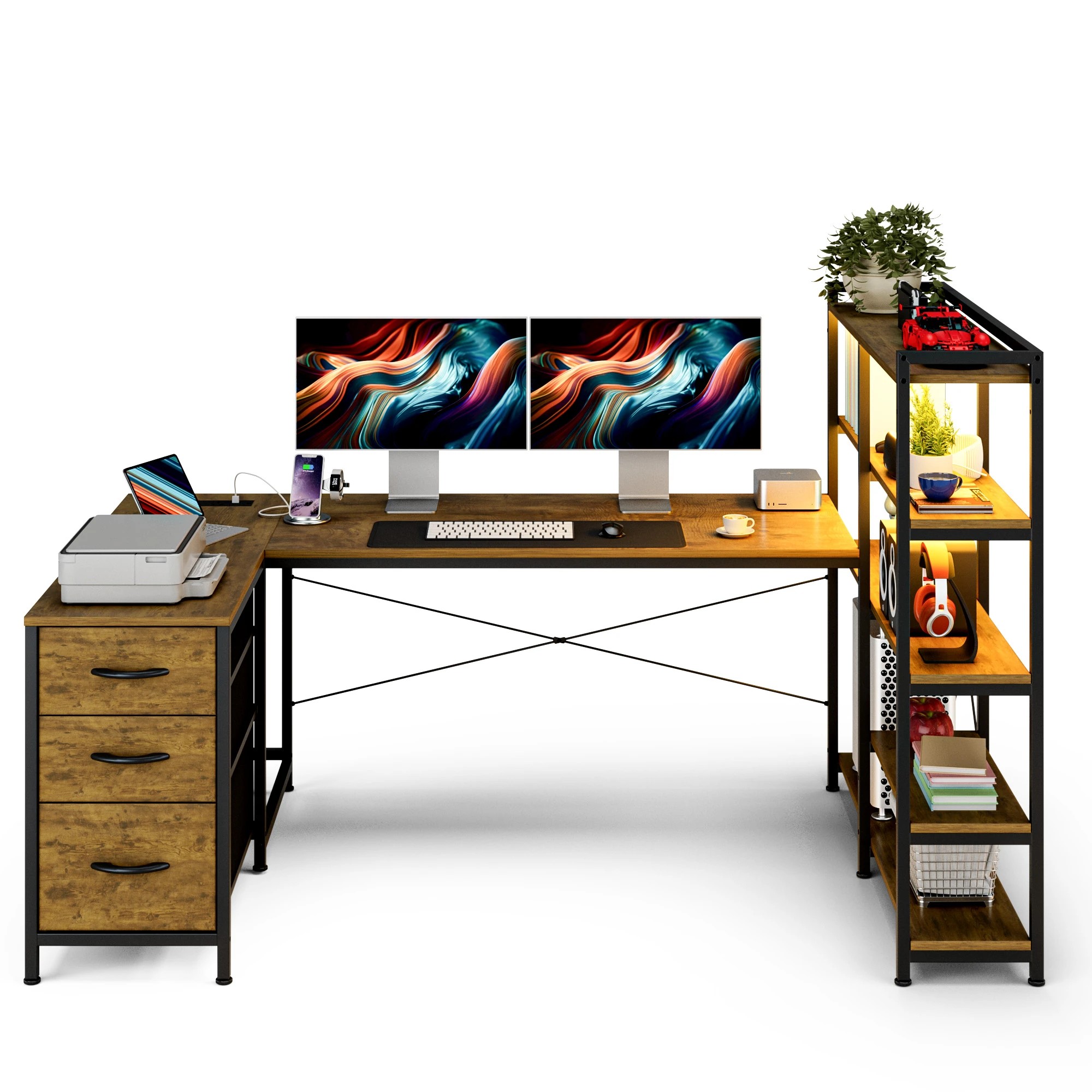 4 Advwin U Shaped Gaming Desk With Led Lights & Power Outlets Reversible 164cm Computer Desk With Bookshelf Walnut, 4 of 10