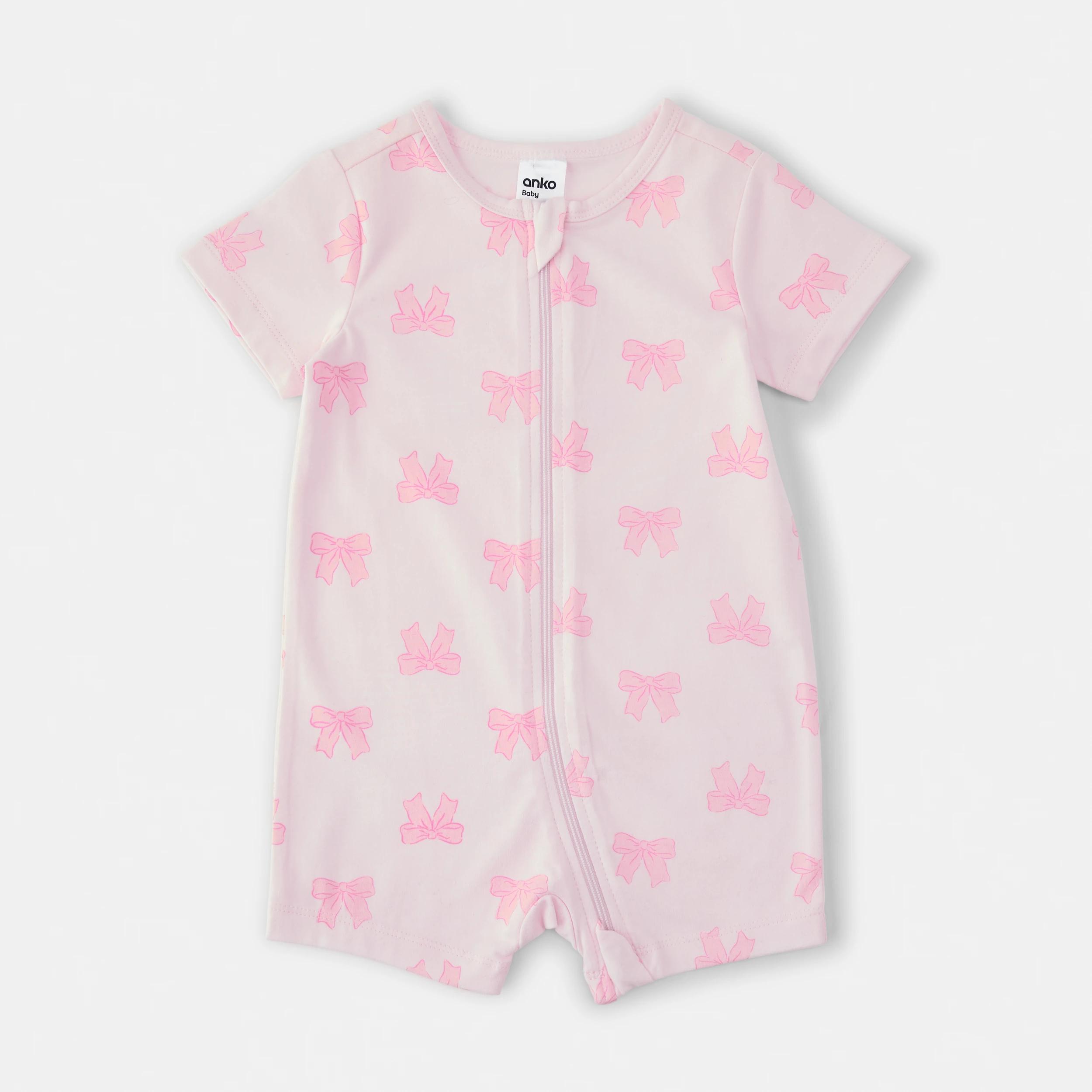 1 Short Sleeve Zip Romper PINK BOWS, 1 of 3
