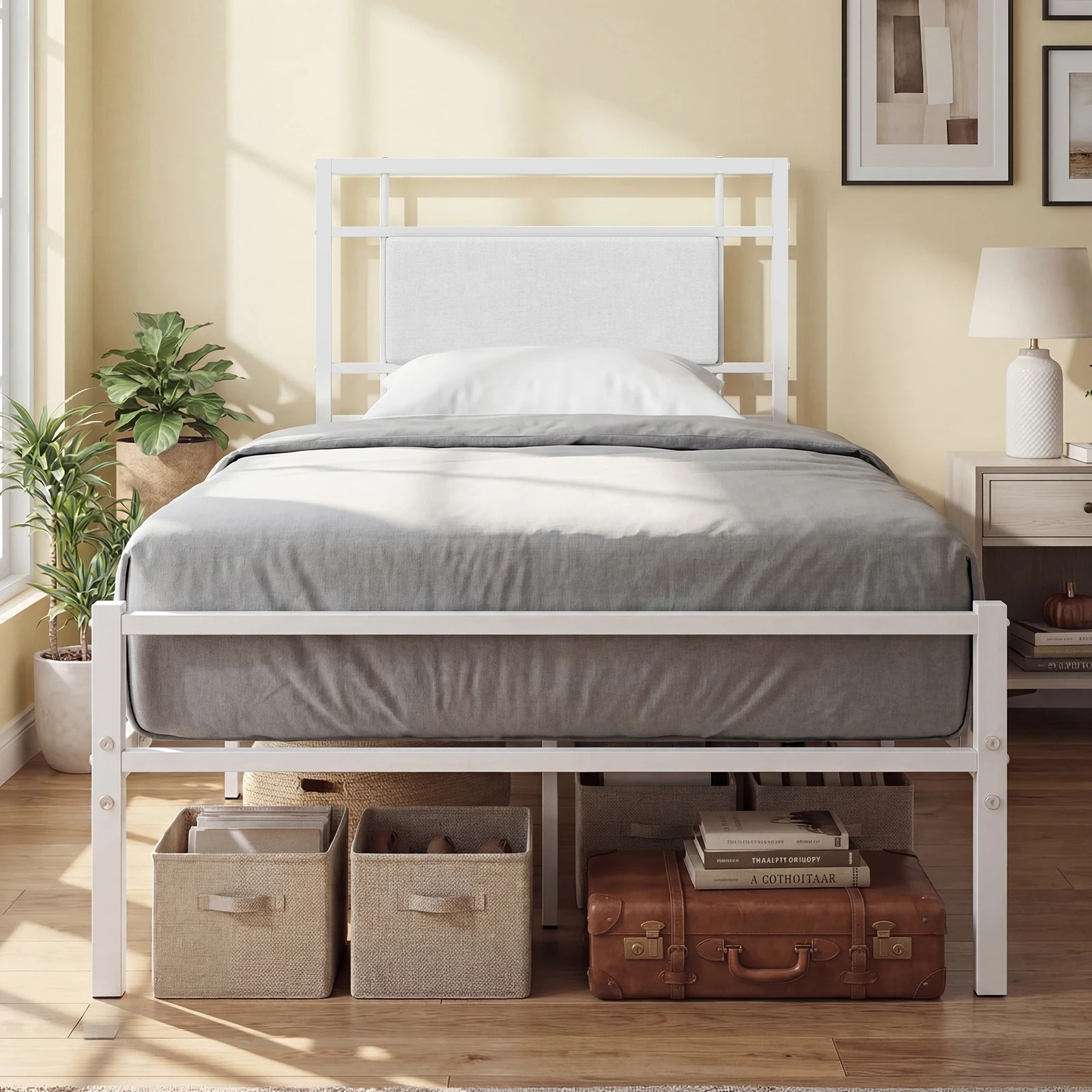 3 Costway Single Platform Bed Frame Upholstered Headboard Mattress Foundation Metal Slat Support - White, 3 of 5