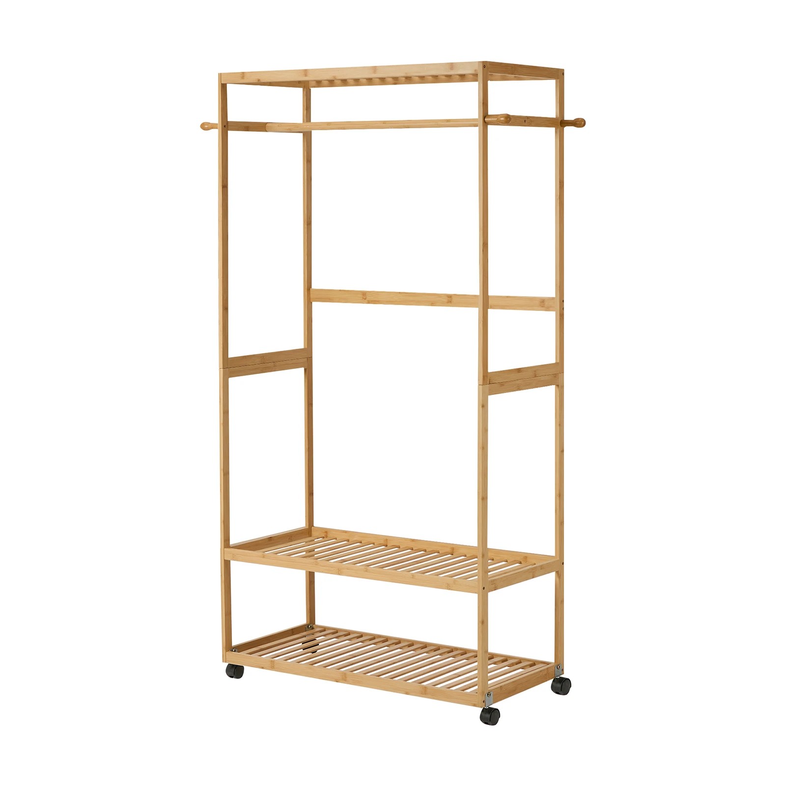 6 Oikiture Clothes Rack Open Wardrobe Garment Coat Stand Bamboo 2 Shelves Wheels - Natural, 6 of 8