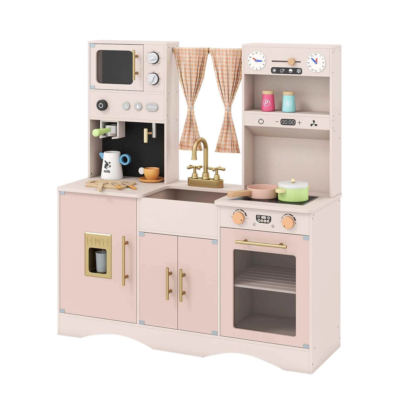 1 Costway Wooden Kitchen Playset Pretend Play Toy Kitchen w/Microwave Coffee Maker - Pink, 1 of 1