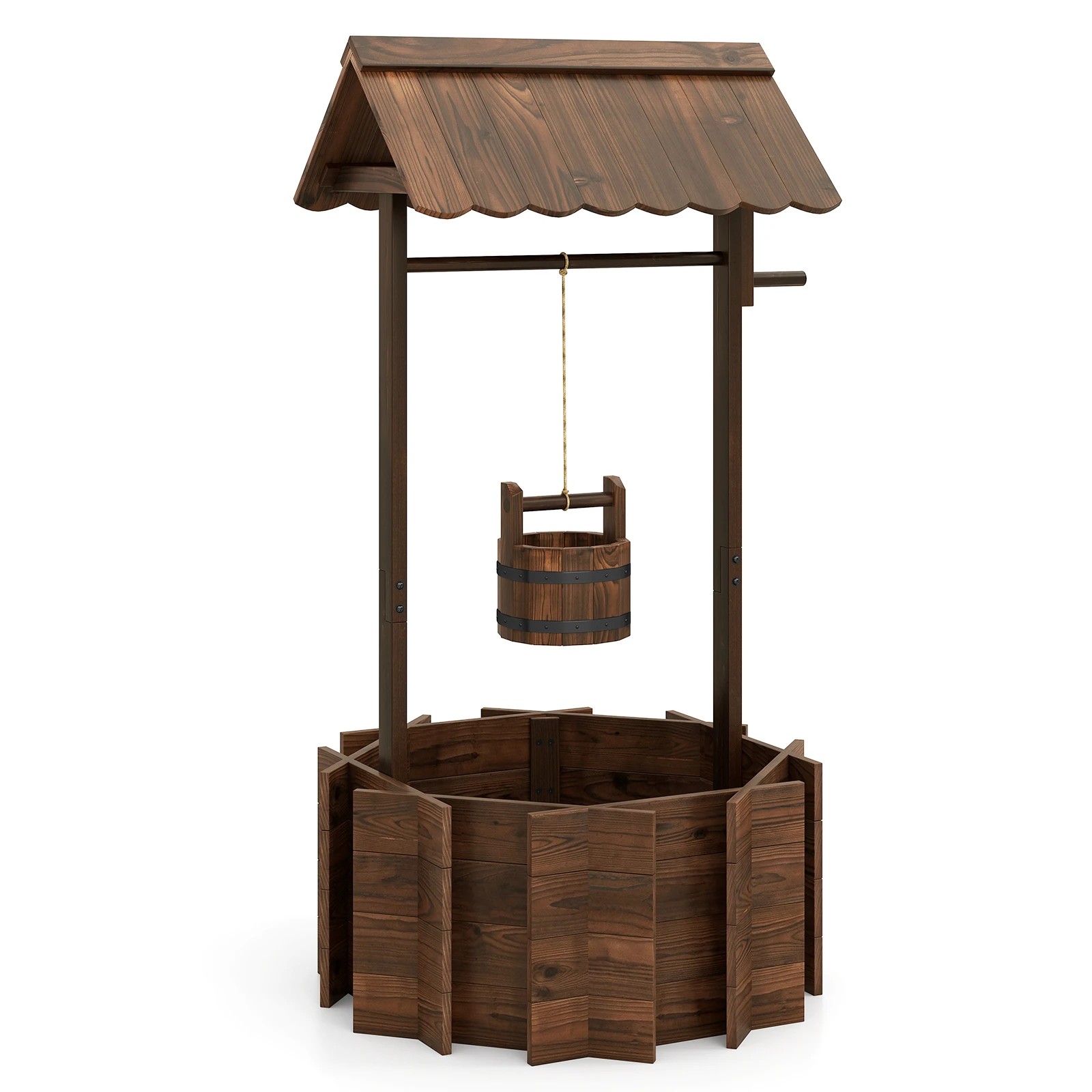 1 Costway Garden Wood Wishing Well Bucket Outdoor Rustic Well w/Hanging Bucket Planter, 1 of 4