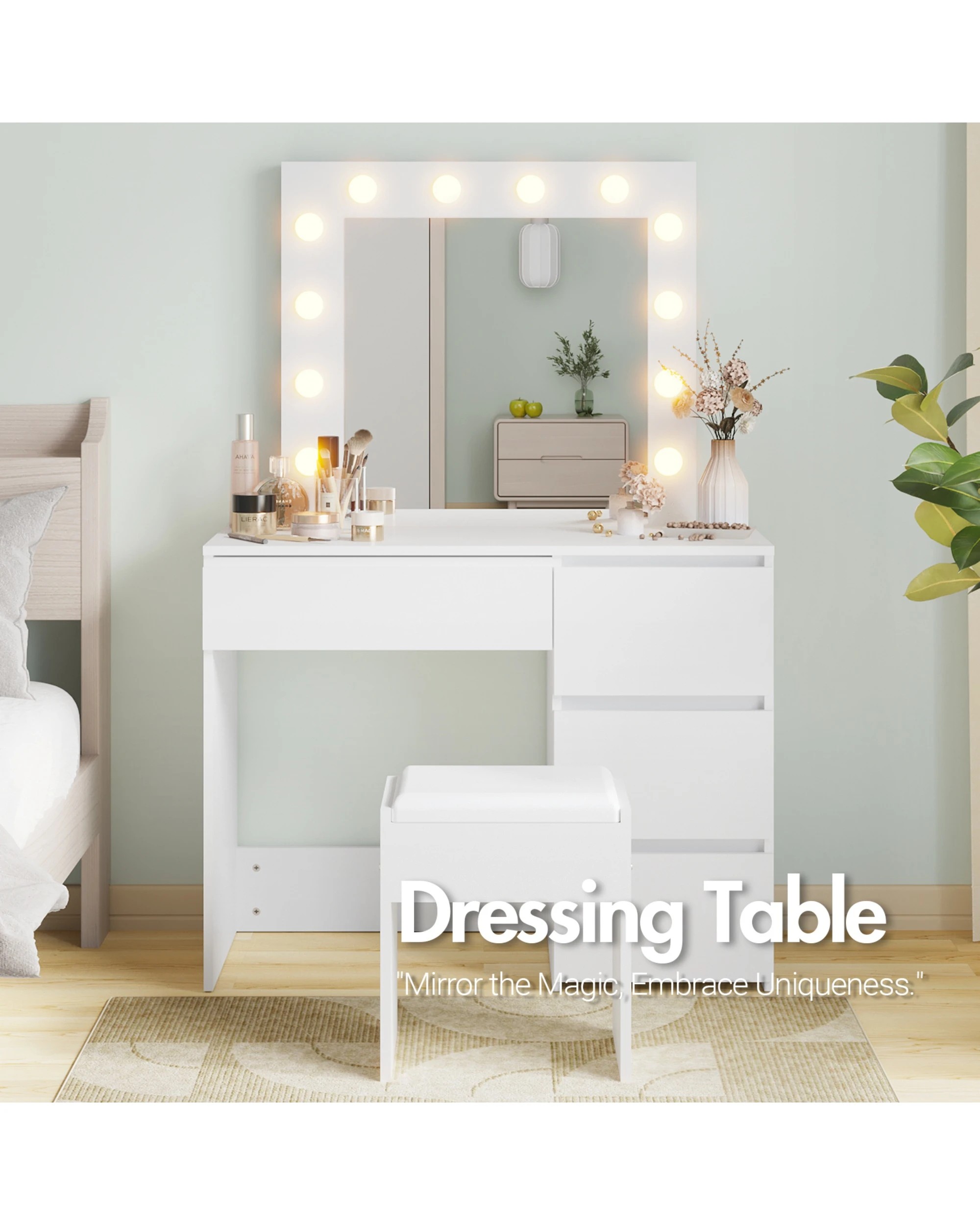 4 Advwin Dressing Table Stool Set With 12 Led Adjustable Bulbs 3 Drawers
 - White, 4 of 9