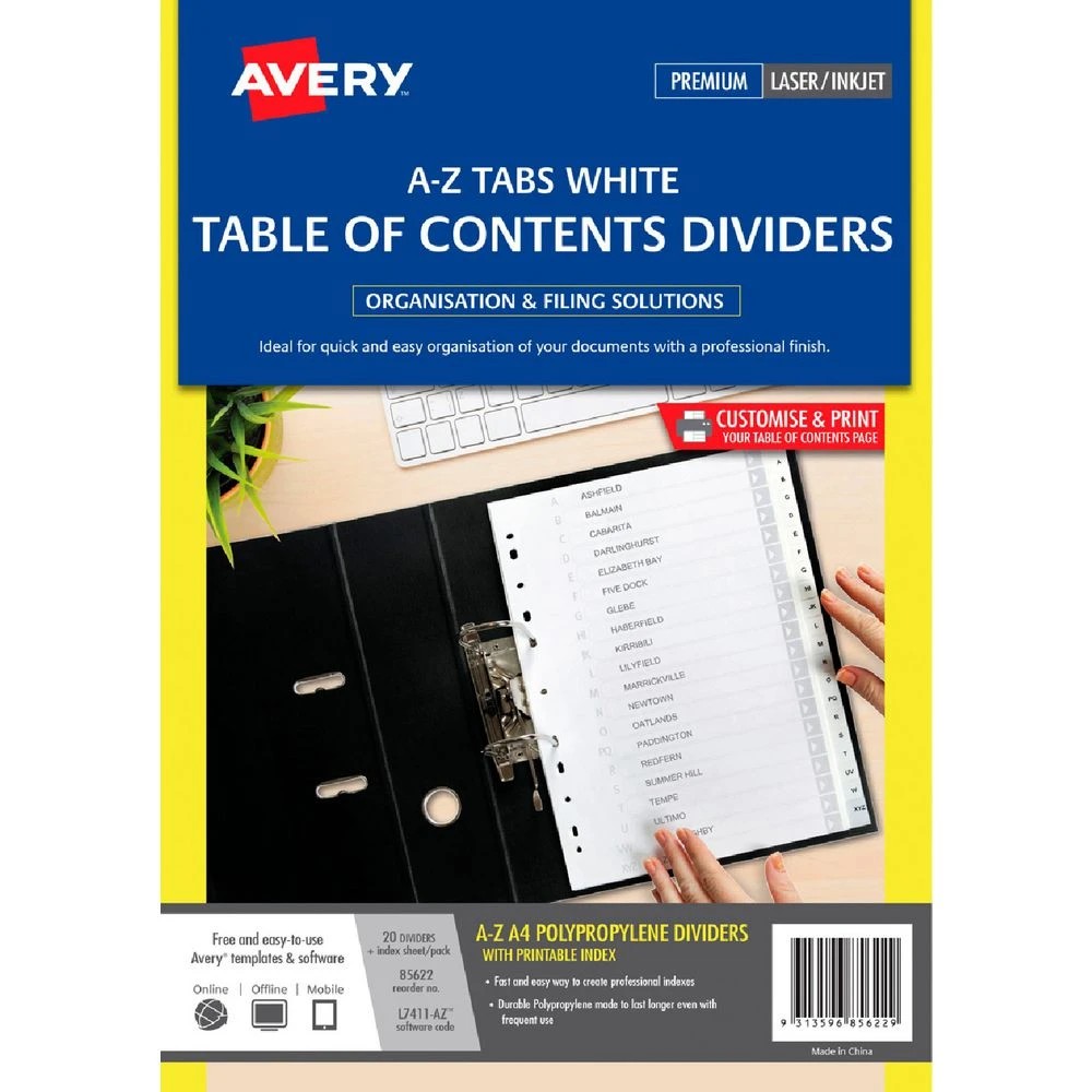 1 Avery Polypropylene A4 Printed Tabs Dividers A - Z White, 1 of 2
