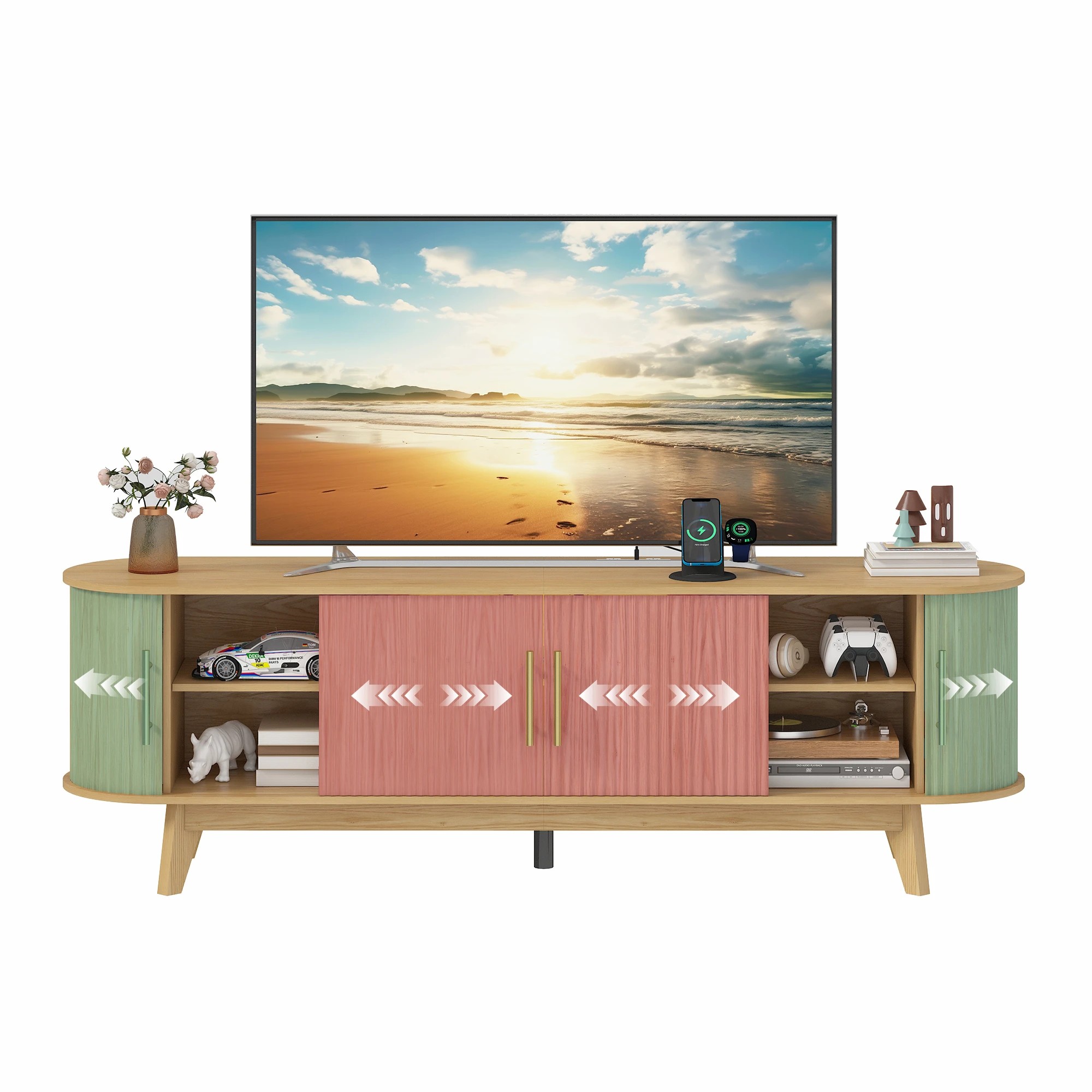 3 Advwin 160cm TV Unit Cabinet with Power Outlet and LED Light Entertainment Center TV Stand with Sliding Door - Natural, 3 of 10