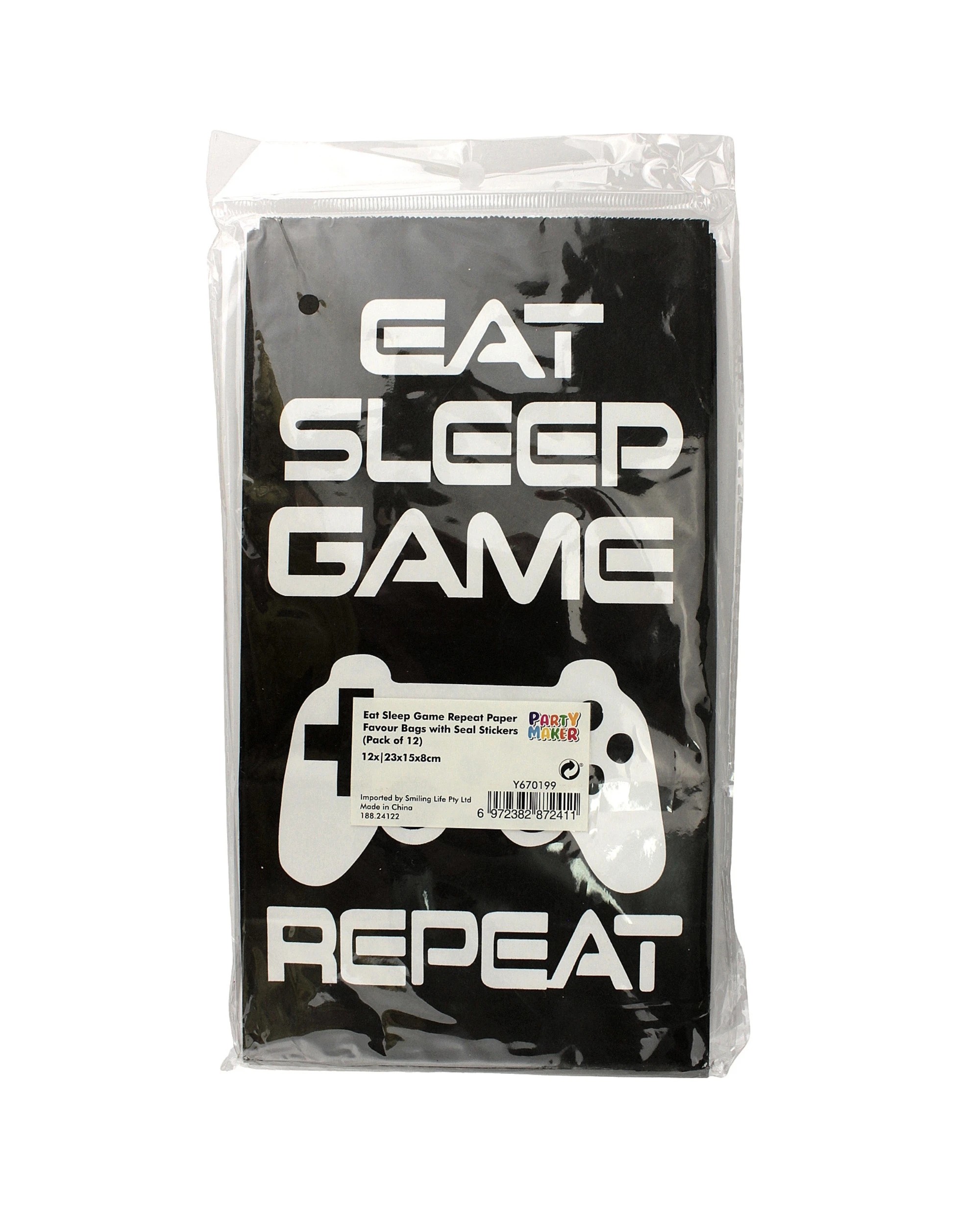 5 Party Maker Eat Sleep Game Repeat Paper Party Bags With Stickers Pack of 12 - Black, 5 of 5