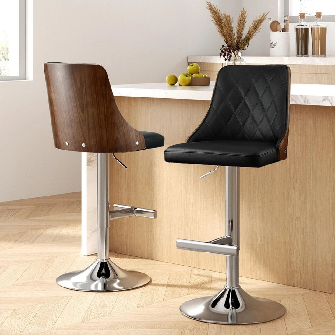 3 Artiss 2X Bar Stool Wood Swivel Adjustable Kitchen Counter Stool Leather - Black, 3 of 6