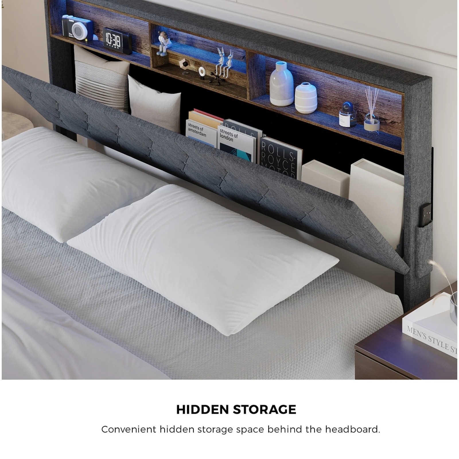 5 Oikiture King Bed With Led Storage Bedhead Bed Frame
 - Grey, 5 of 10