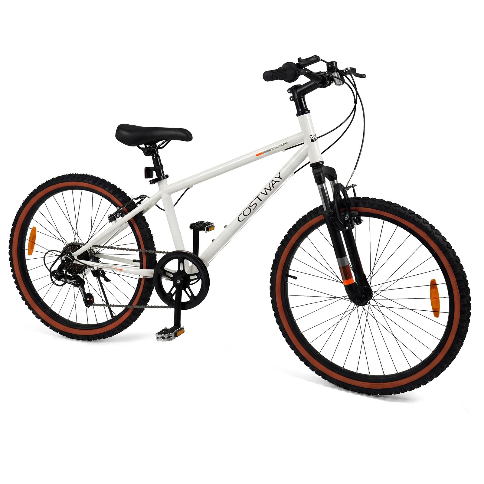 1 Costway 60cm Teens Mountain Bike 6-Speed Outdoor Bicycle w/Suspension Fork & Adjustable Seat - White, 1 of 2