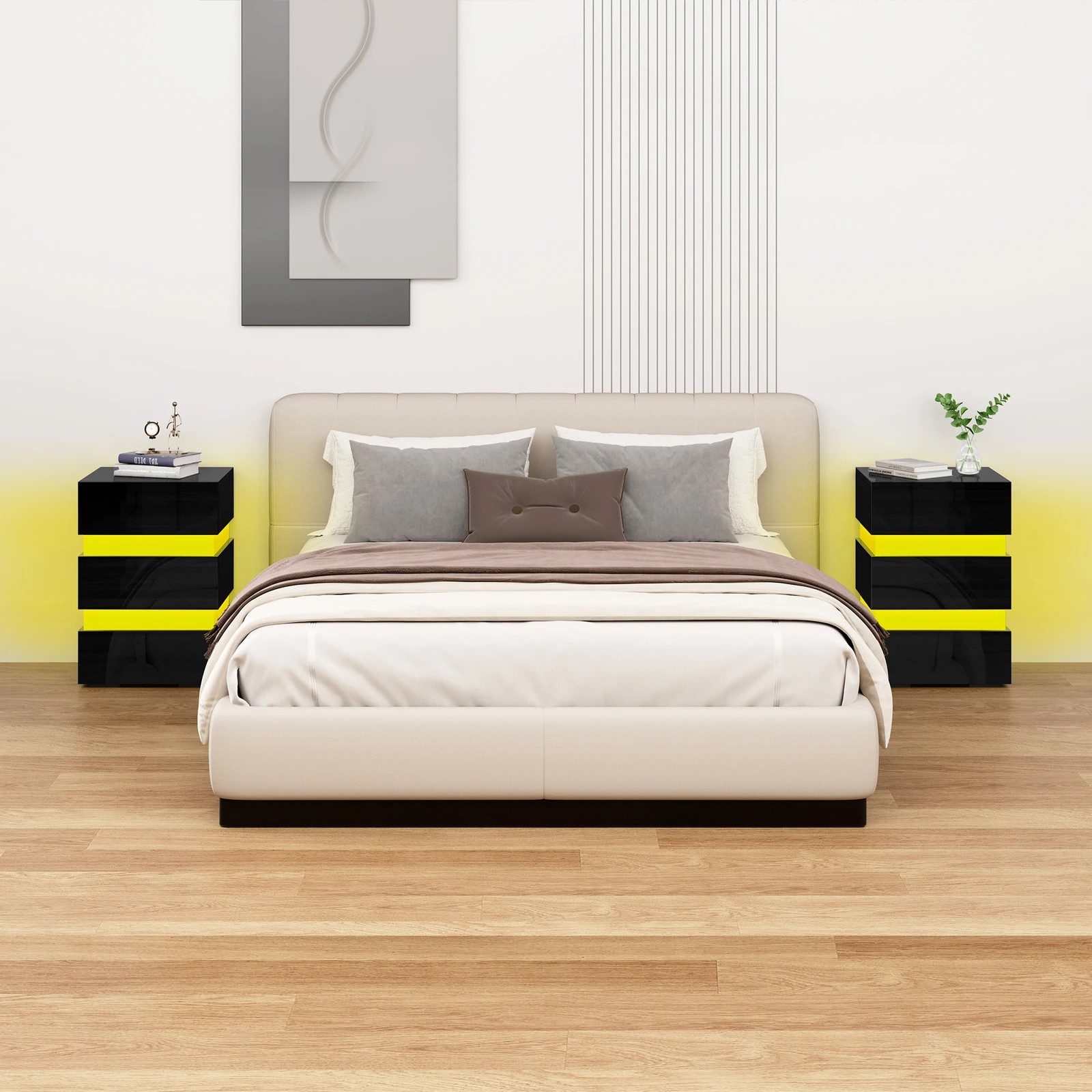 3 Alfordson Bedside Table RGB LED Nightstand 3 Drawers 4 Side High Gloss - Black, 3 of 10