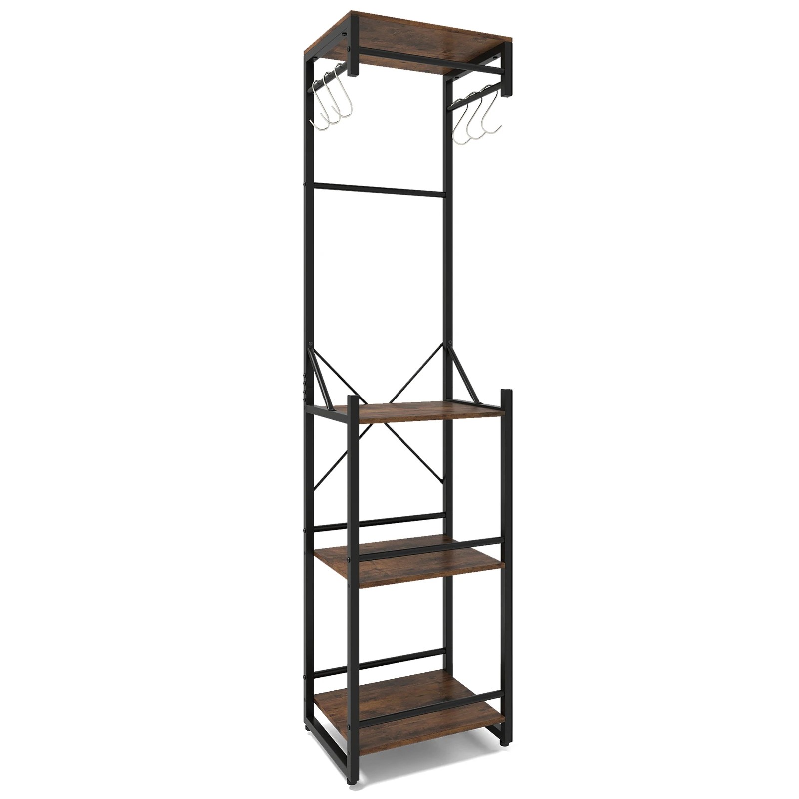 1 Costway Coat Rack Clothes Stand Hall Tree Shoe Rack w/Hook Shelf Hanging Rod Metal Storage Organiser - Brown, 1 of 4
