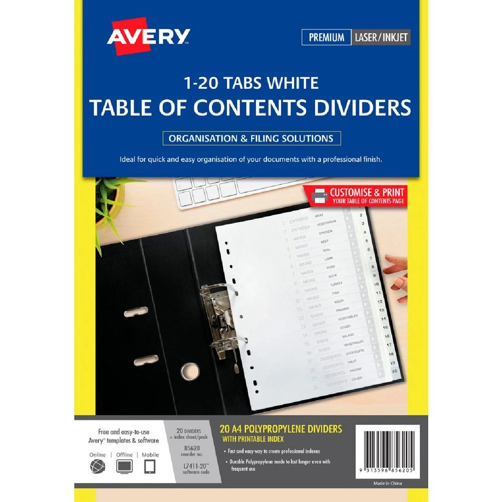 1 Avery Polypropylene A4 Printed Tabs Dividers 1 -20 White, 1 of 2