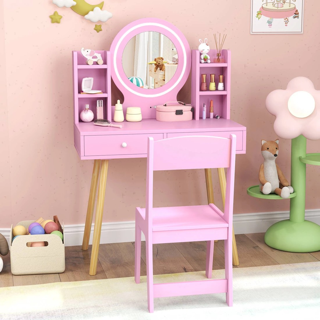 3 Costway Kids Vanity Dressing Table & Chair Set Pink, 3 of 4