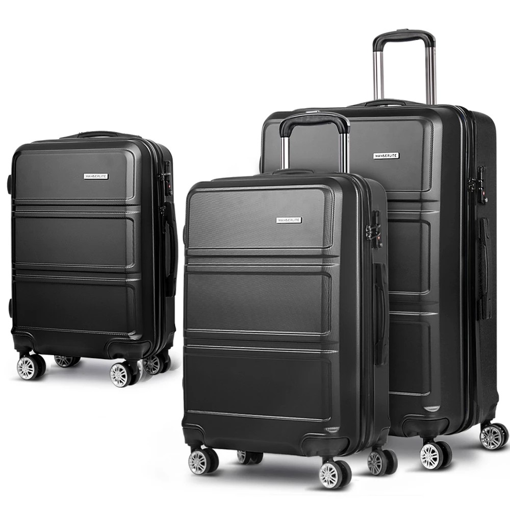 1 Wanderlite 3pc Luggage Trolley Set Suitcase Travel TSA Carry On Hard Case Lightweight - Black, 1 of 1
