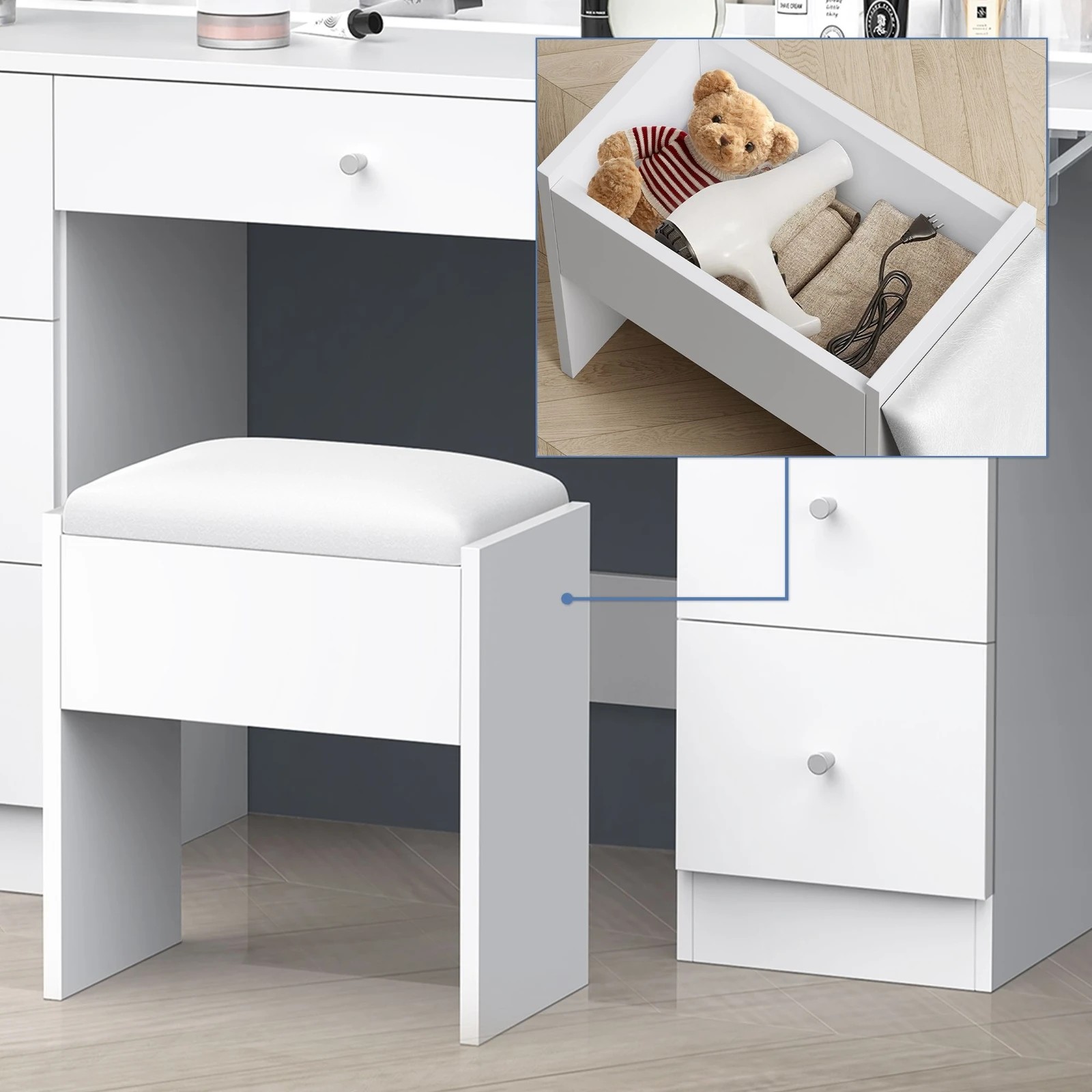 4 Alfordson Dressing Table Stool Set Makeup Mirror LED Vanity Desk 7 Drawers - White, 4 of 10