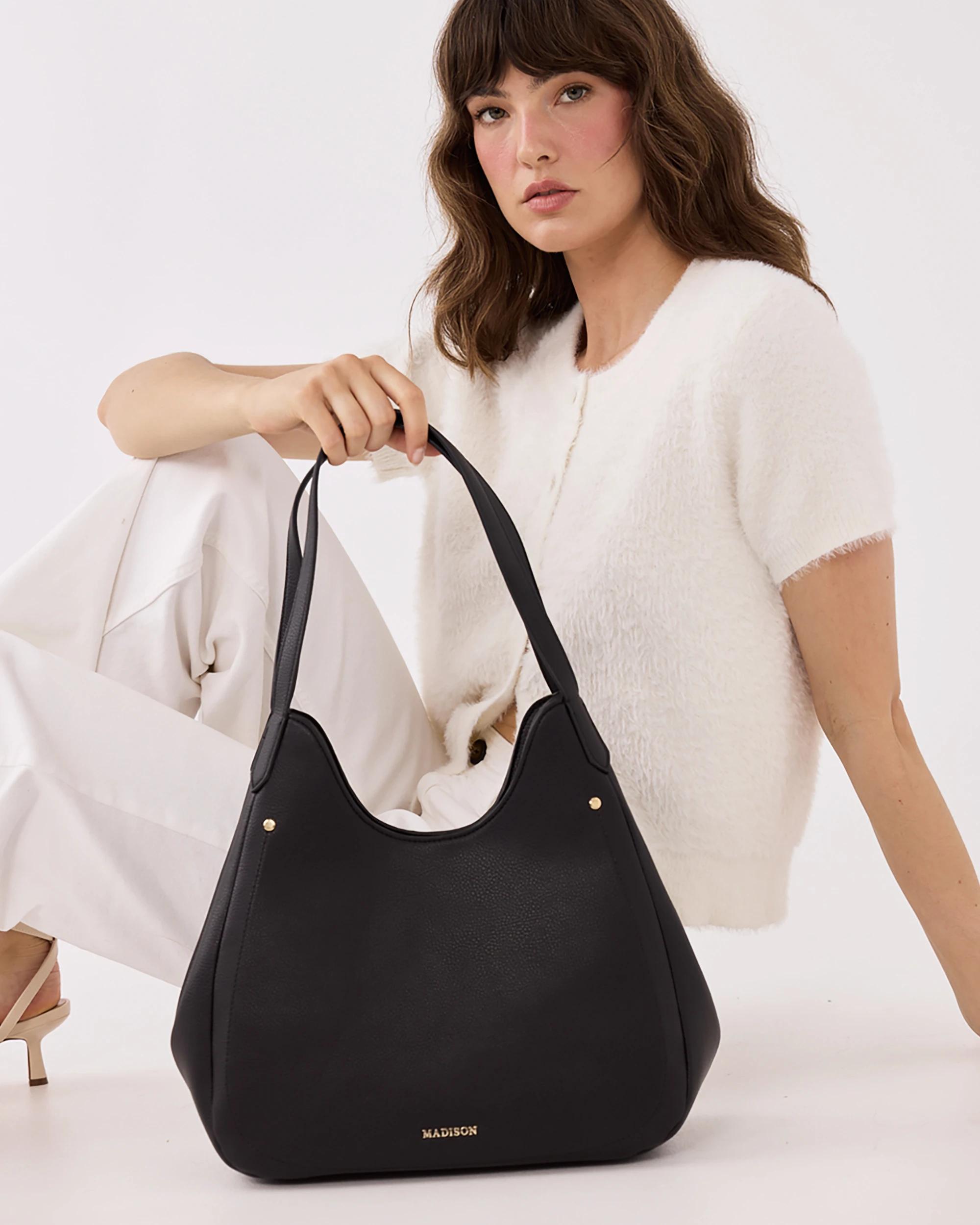 3 Madison Accessories Angela Large 3 Compartment Hobo Soft Shoulder Bag BLACK, 3 of 7