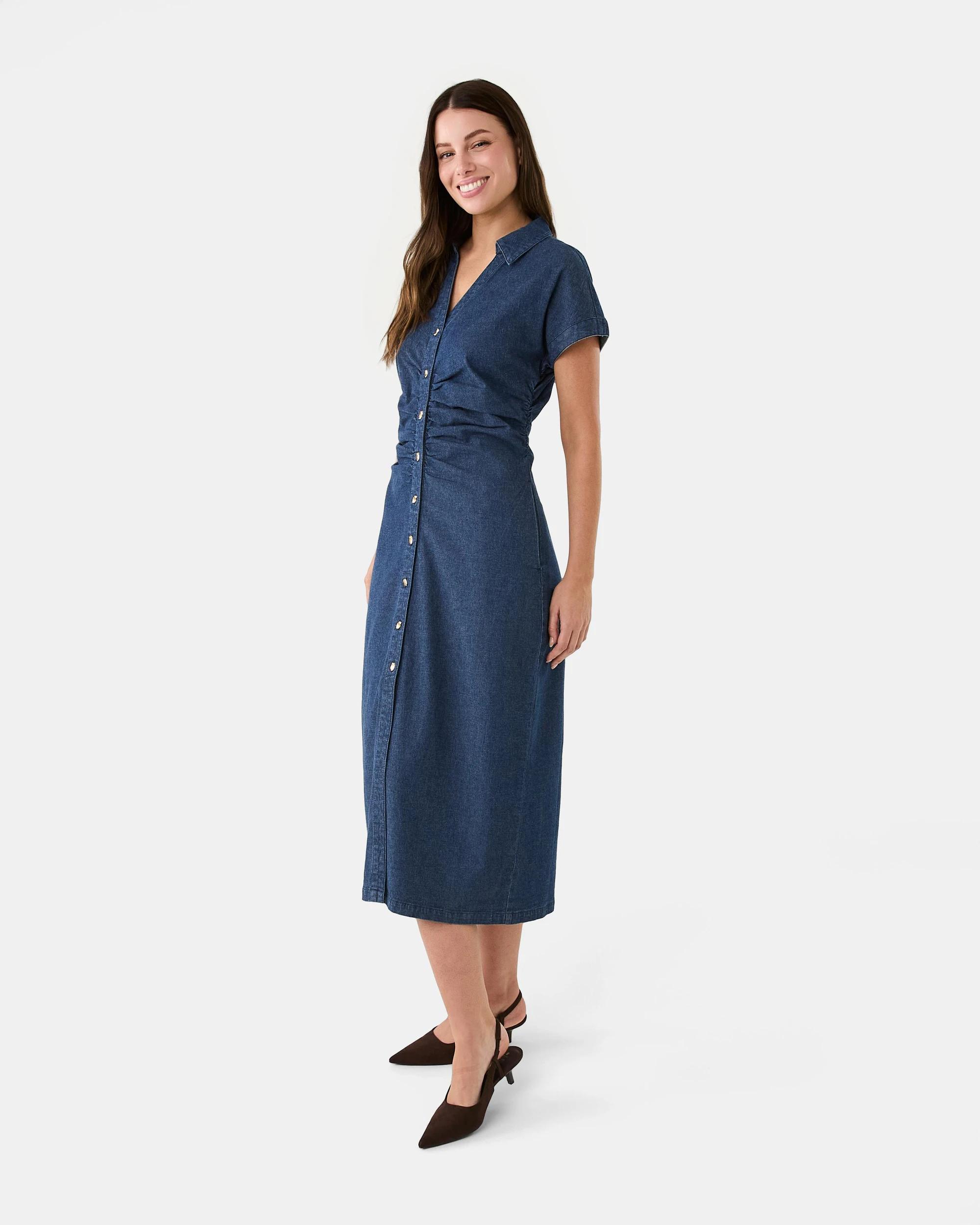2 Short Sleeve Denim Gathered Midi Dress Dark Denim, 2 of 7