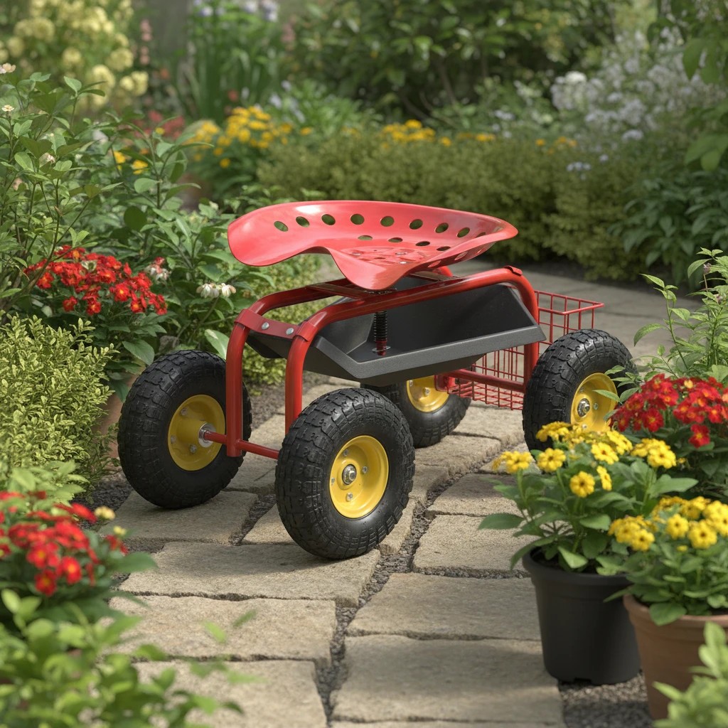 3 Costway Garden Cart Work Seat Metal Garden Stool Rotatable Seat Adjustable w/Tool Tray Basket - Red, 3 of 3