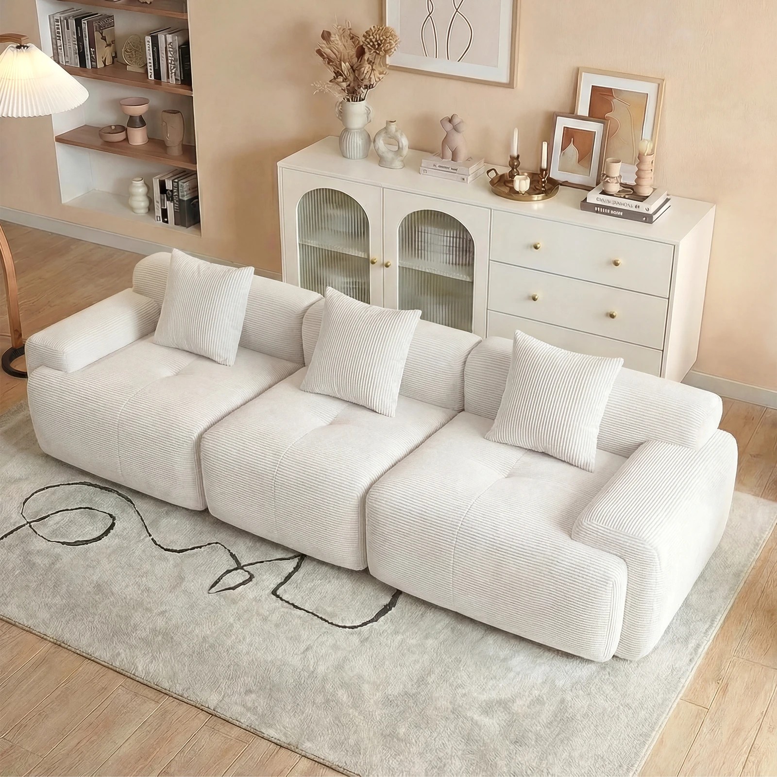 1 Advwin 282cm 3-4 Seater Corduroy Fabric Modular Sectional Sofa - Beige, 1 of 3
