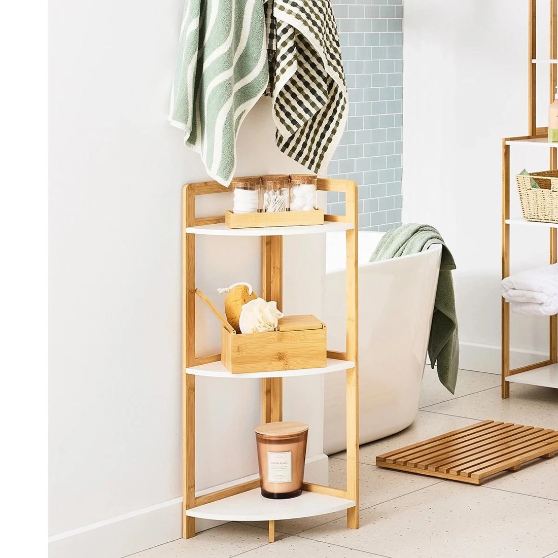 2 Bamboo and White 3 Tier Corner Shelf, 2 of 10