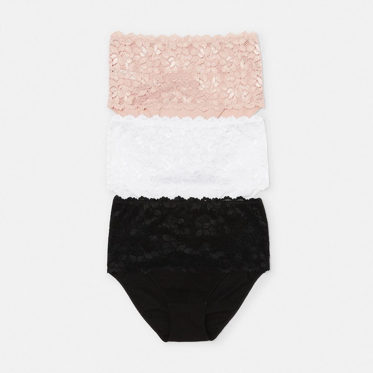 1 3 Pack Lace Front Full Briefs BLACK, WHITE, OYSTER PINK, 1 of 9