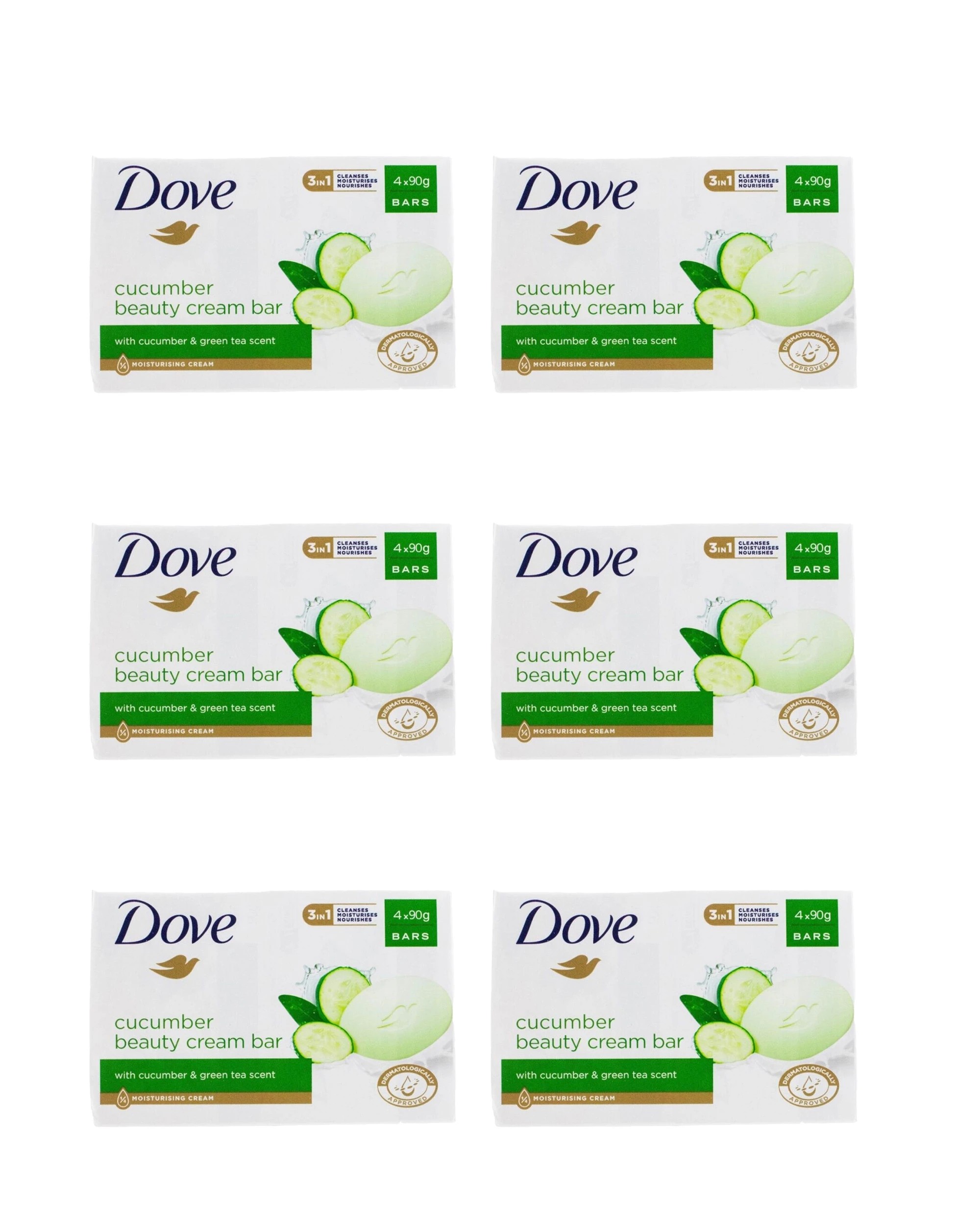 1 Dettol 6x4pk Dove Beauty Moisturising Cream Soap Bar Cucumber Green Tea 90g - Green, 1 of 3