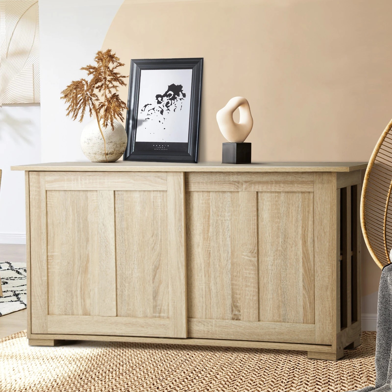 3 Oikiture Buffet Sideboard Cabinet Kitchen Cupboard Sliding Doors - Natural, 3 of 9