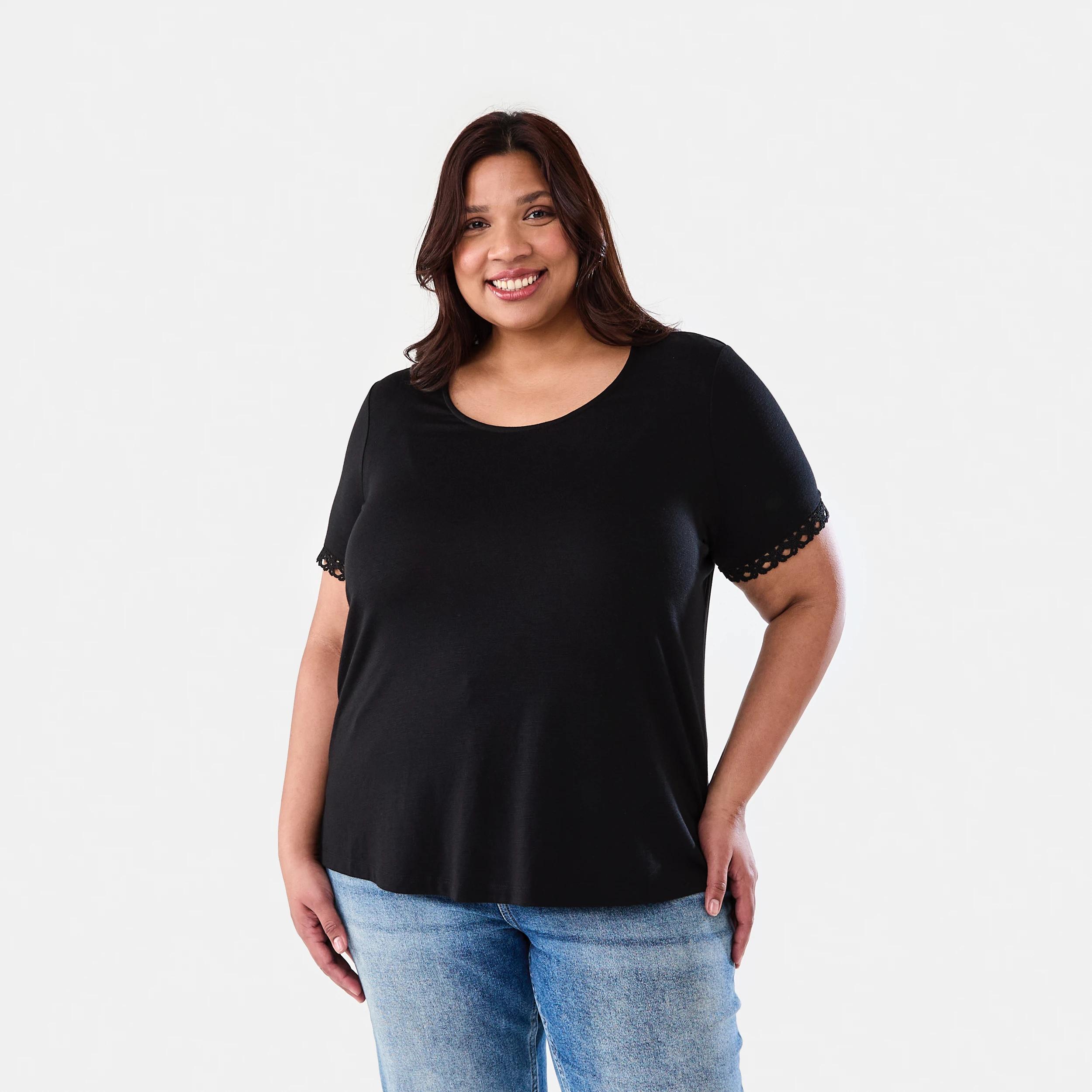 1 Curve Short Sleeve Boho Trim Top BLACK, 1 of 7