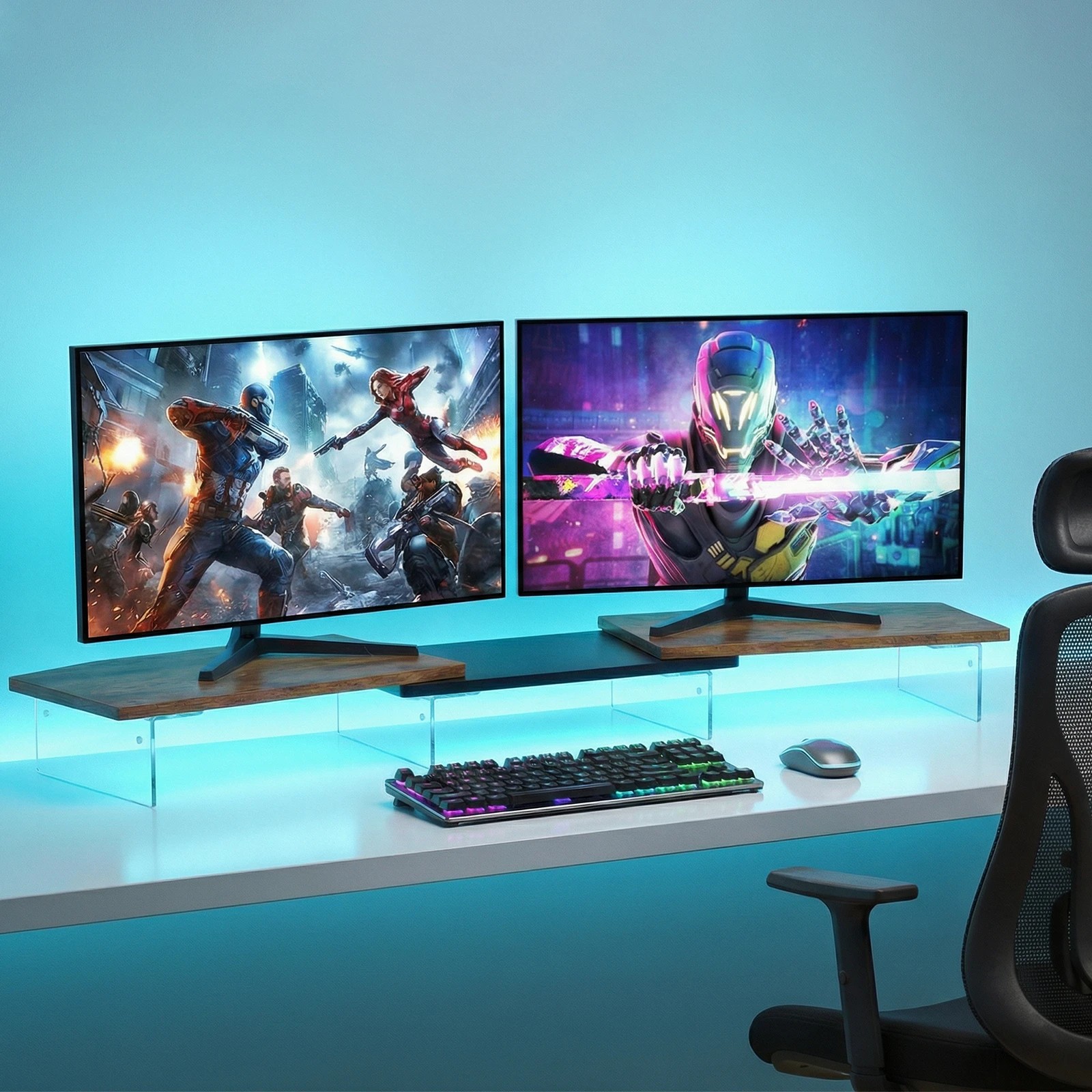 4 Advwin 113cm LED Dual Monitor Stand w/ Acrylic Leg Adjustable Brown, 4 of 7